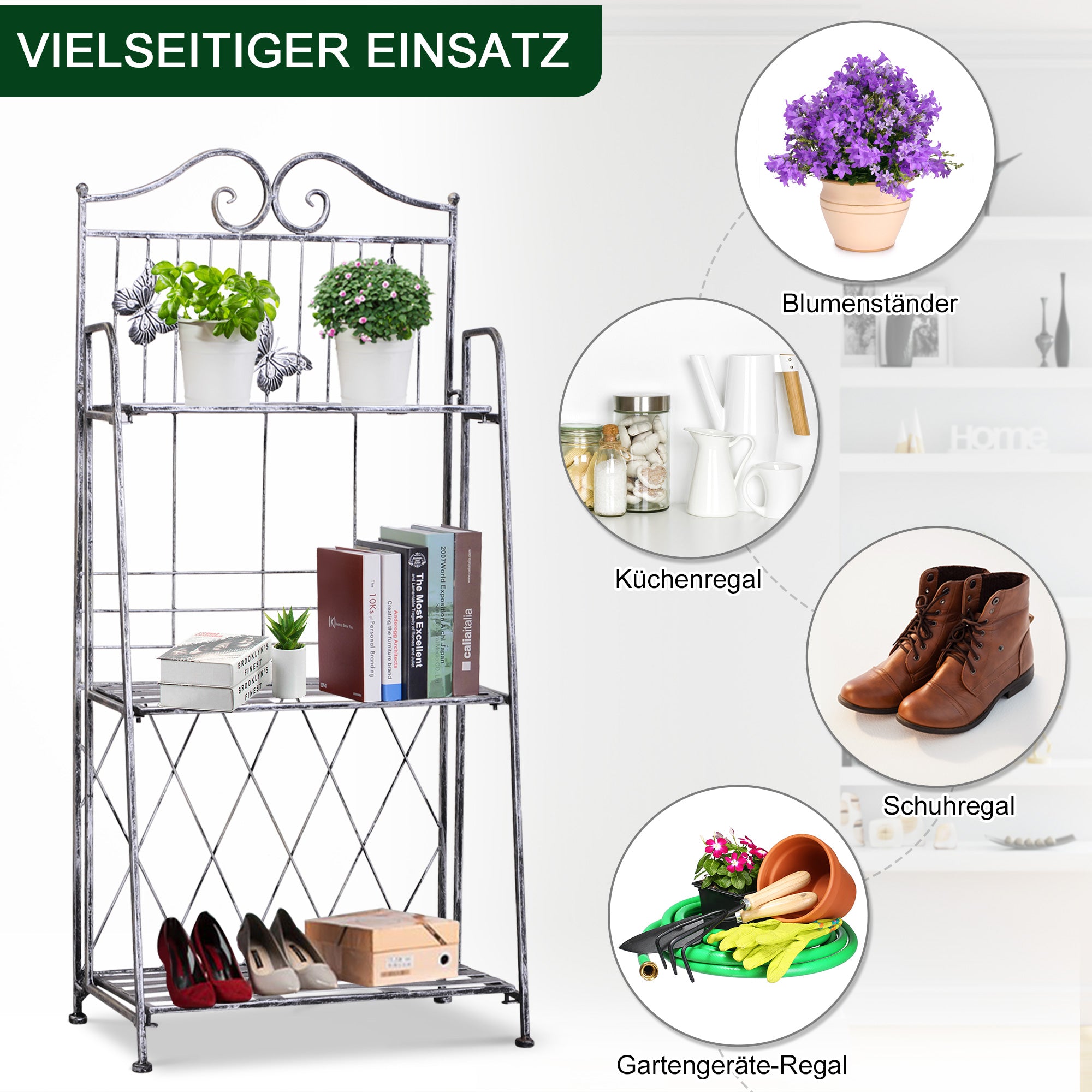 3-Tier Folding Plant Stand Plant Shelf for Outdoor Use like Balcony, Terrace, or Garden Metal Flower Stand Flower Ladder Garden Shelf Silver Gray