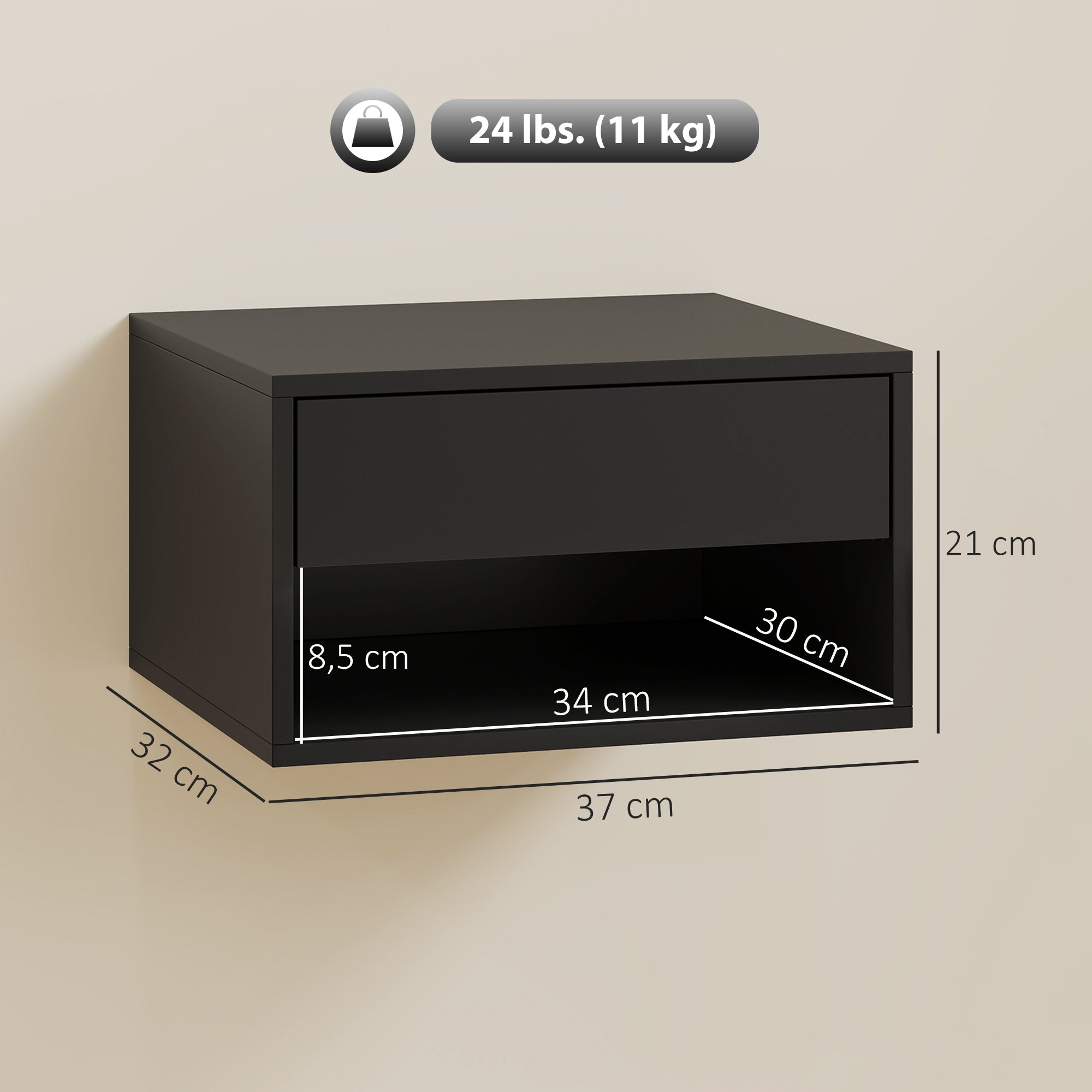 Set of 2 Wall-Mounted Nightstands — Floating Bedside Tables with Sliding Drawer & Open Shelf, Modern Black, 14.6 x 12.6 x 8.3 in