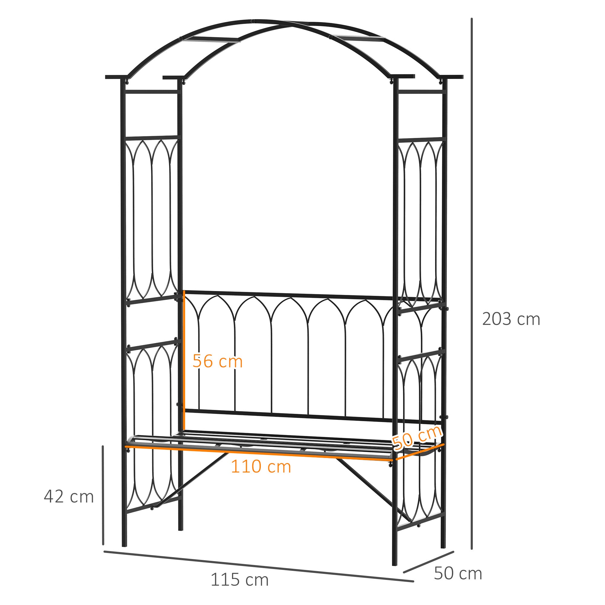 Metal Rose Arch Climbing Plant Support Garden Arch with Bench Top Archway for Roses Arbours Rose Support Trellis for Garden 115 x 50 x 203 cm Black