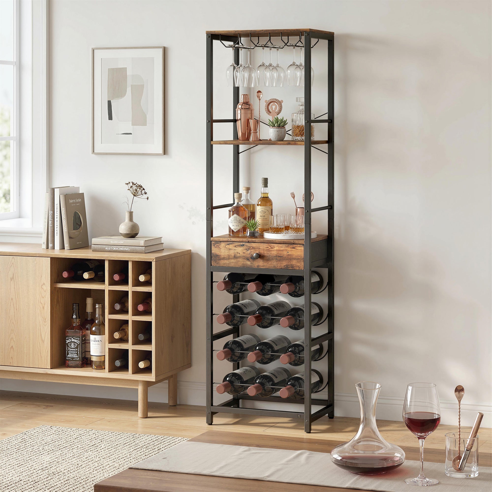 12-Bottle Wine Rack with Open Shelf and Drawer, Industrial Metal Wine Shelf for Kitchen, Living Room, Bar — 15.7 x 11.8 x 58.3 in (40 x 30 x 148 cm), Rustic Brown