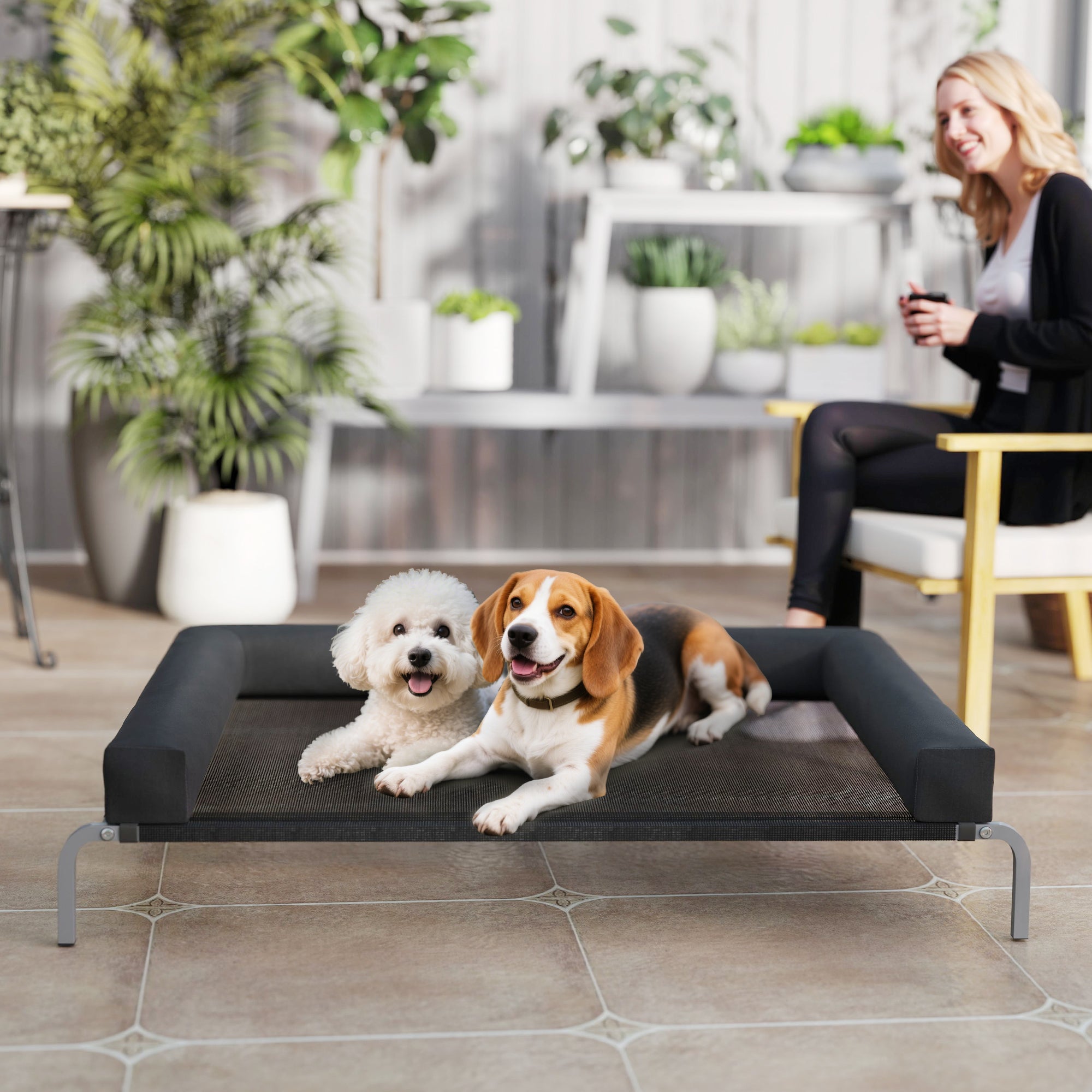 Cooling Elevated Dog Bed, Portable Indoor Outdoor Dog Camp Bed with U-Shaped Pillow, Breathable Mesh, Bite-Resistant, 130 x 90 x 30 cm, Black