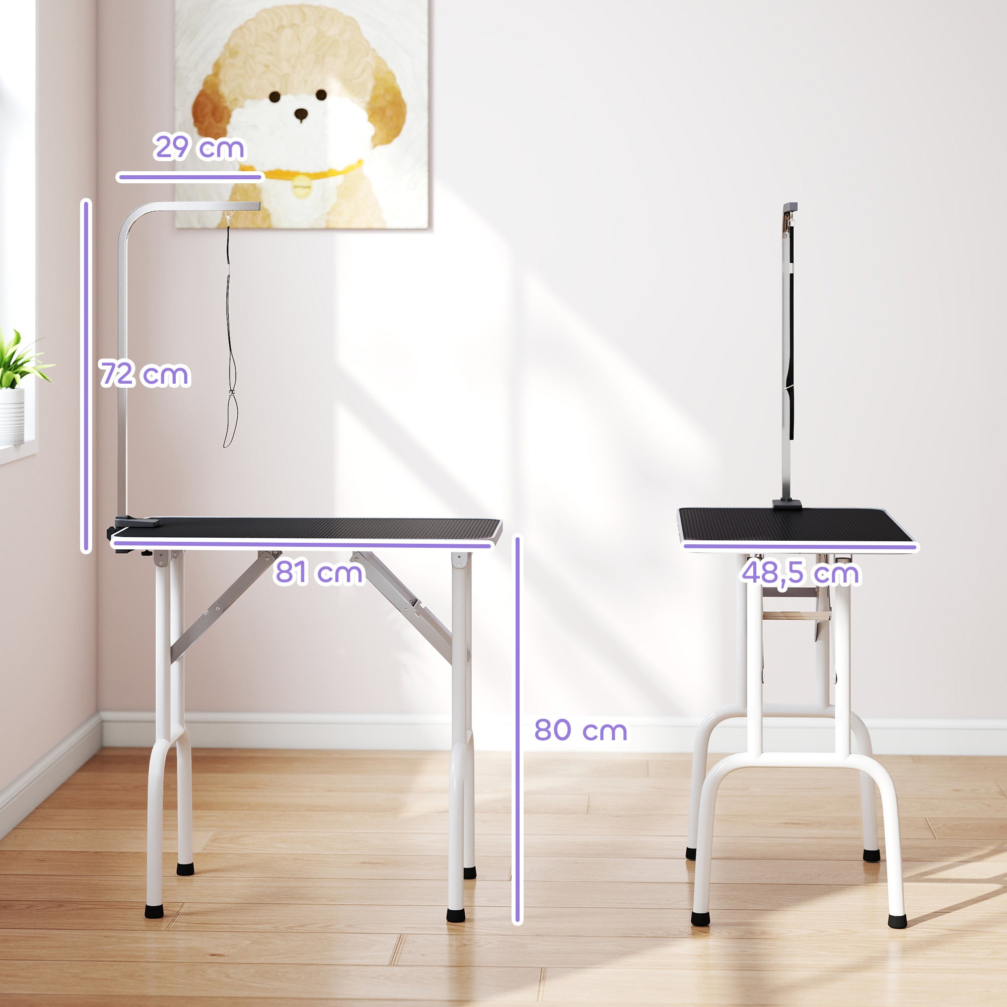 Folding Dog Grooming Table with Leash, Non-Slip Rubber Top, Foldable Steel Legs, 81 x 48.5 x 80 cm (31.9" x 19.1" x 31.5"), Black