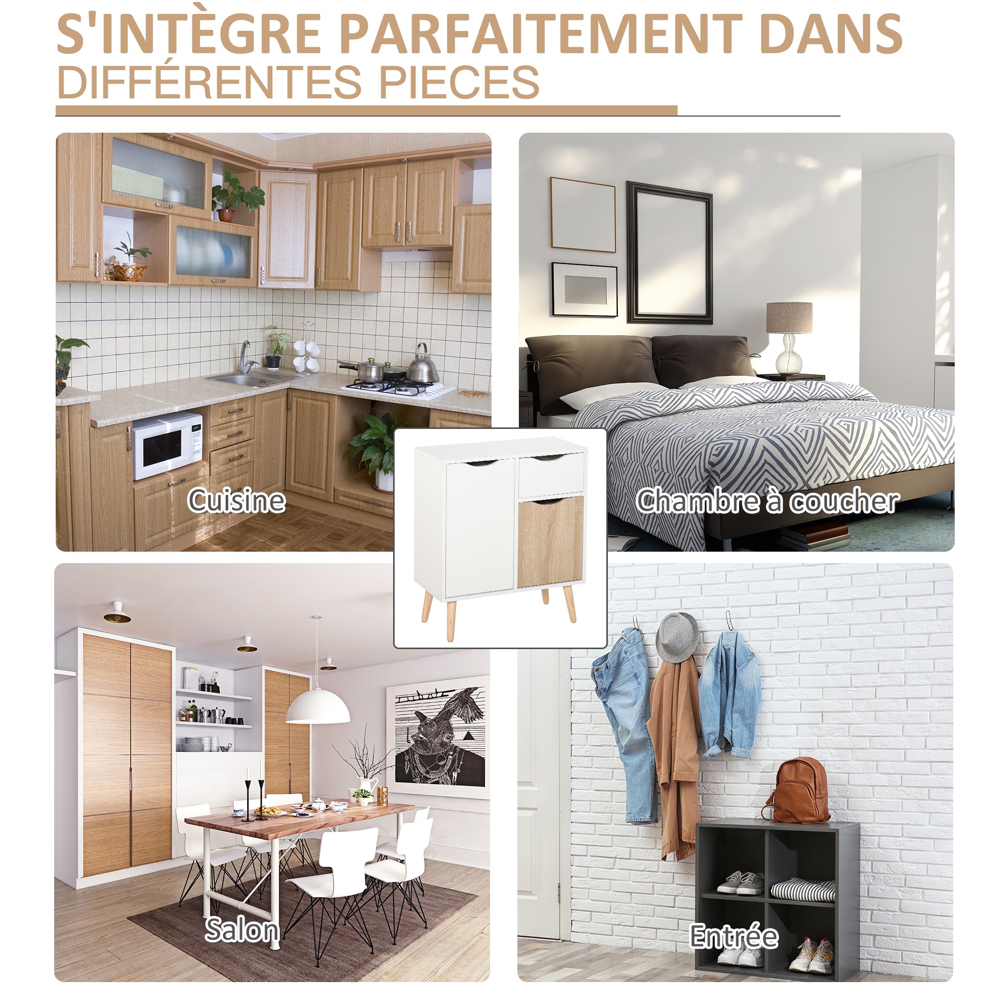 Buffet Storage Furniture Scandinavian Design 2 Cabinets Sliding Drawer White Oak Light