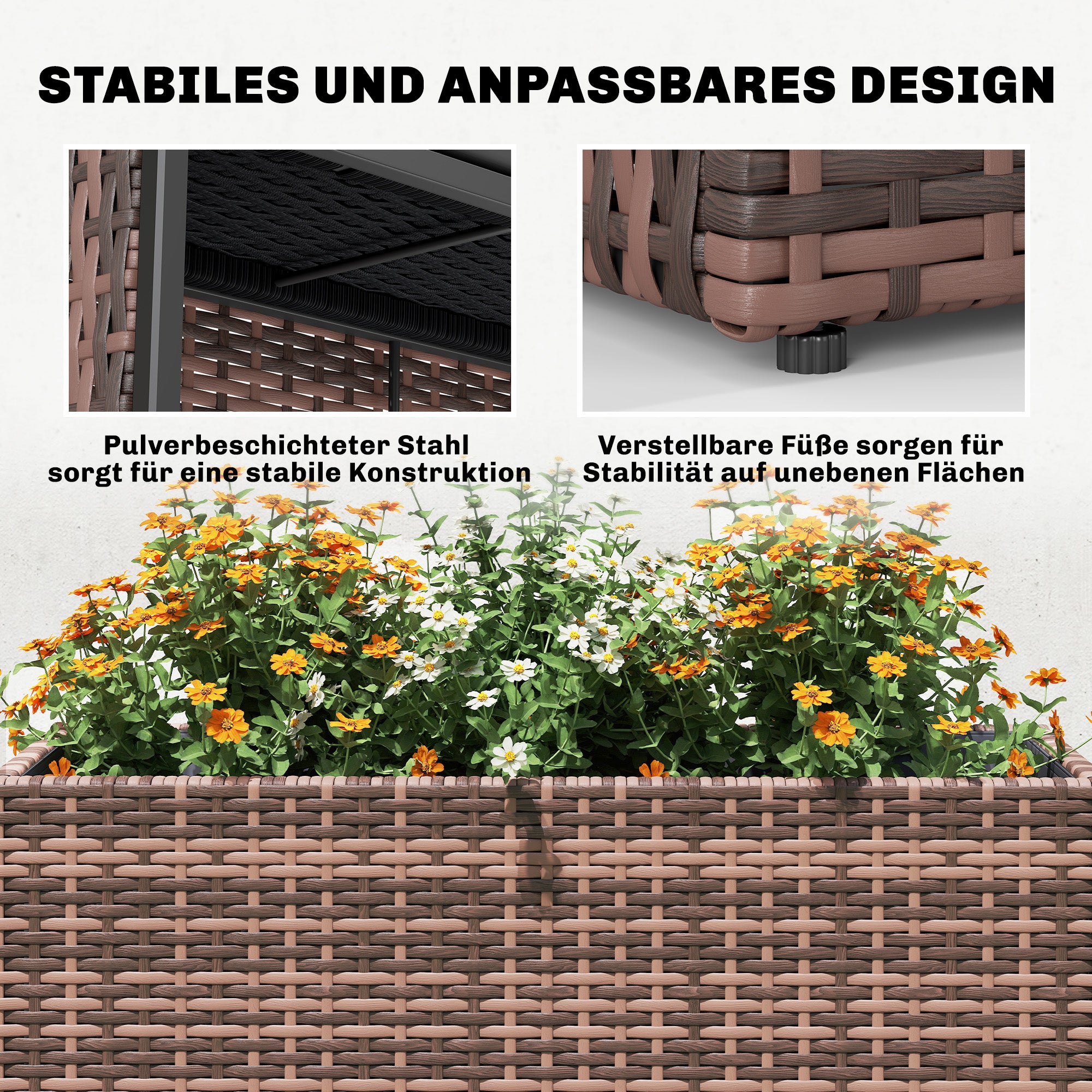 Raised Planter with Adjustable Feet for Terrace & Balcony — PE Rattan, Freestanding Steel Frame with Removable Liner, Brown