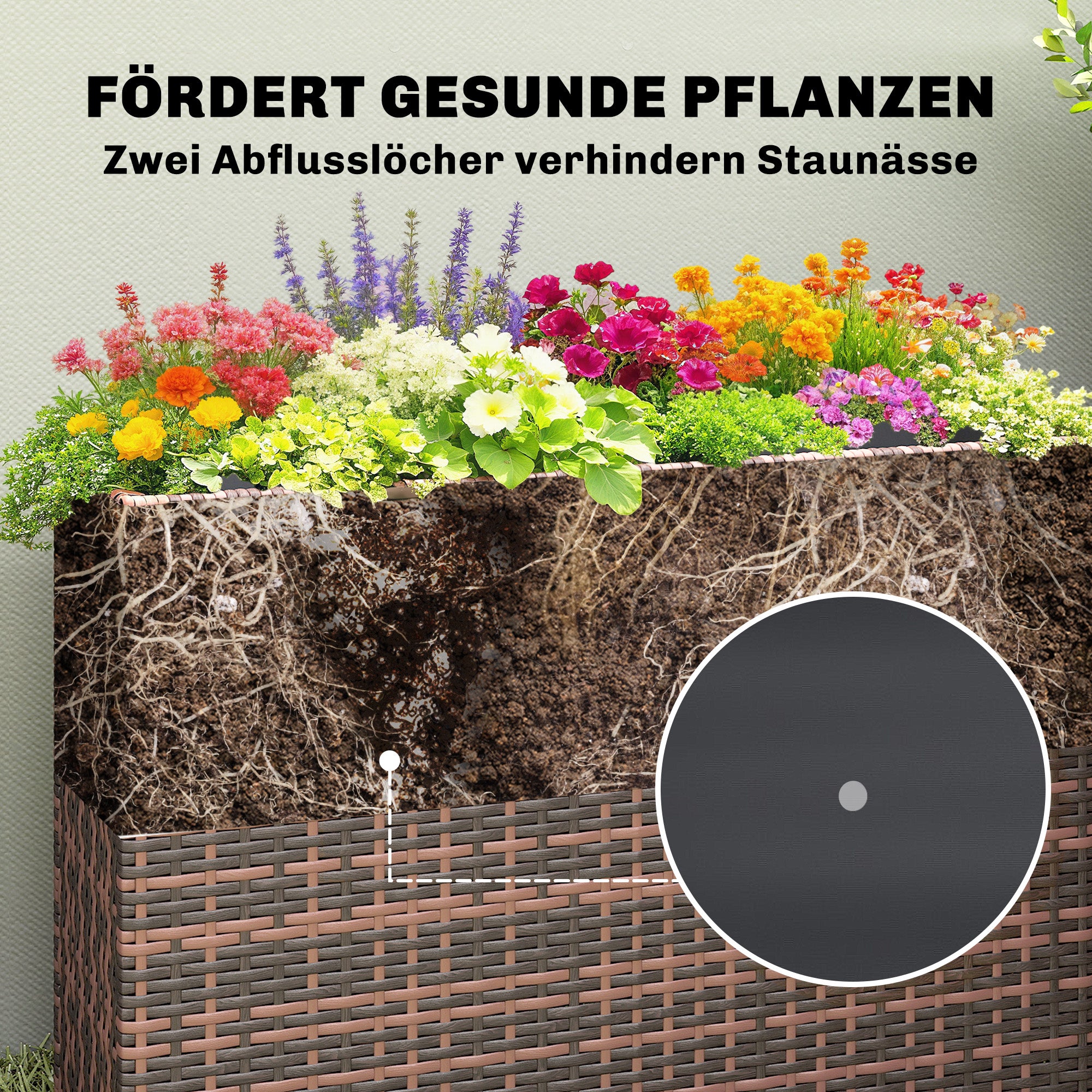 Raised Planter with Adjustable Feet for Terrace & Balcony — PE Rattan, Freestanding Steel Frame with Removable Liner, Brown