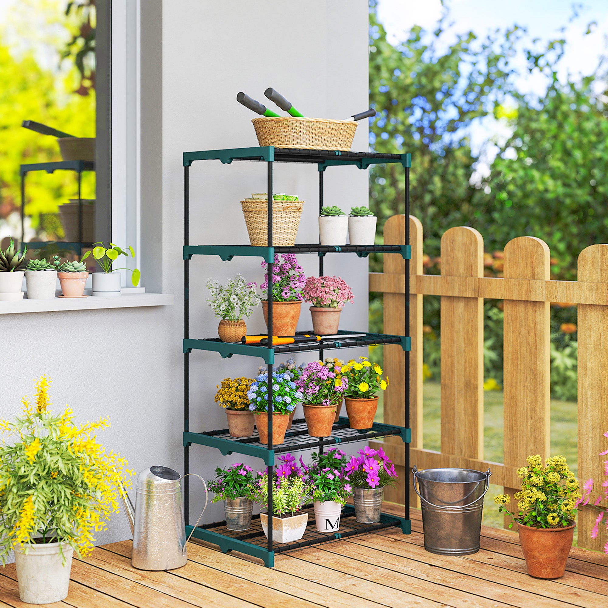 5-Tier Steel Plant Stand – Indoor/Outdoor, Dark Green, 26.4×19.3×54.3 in