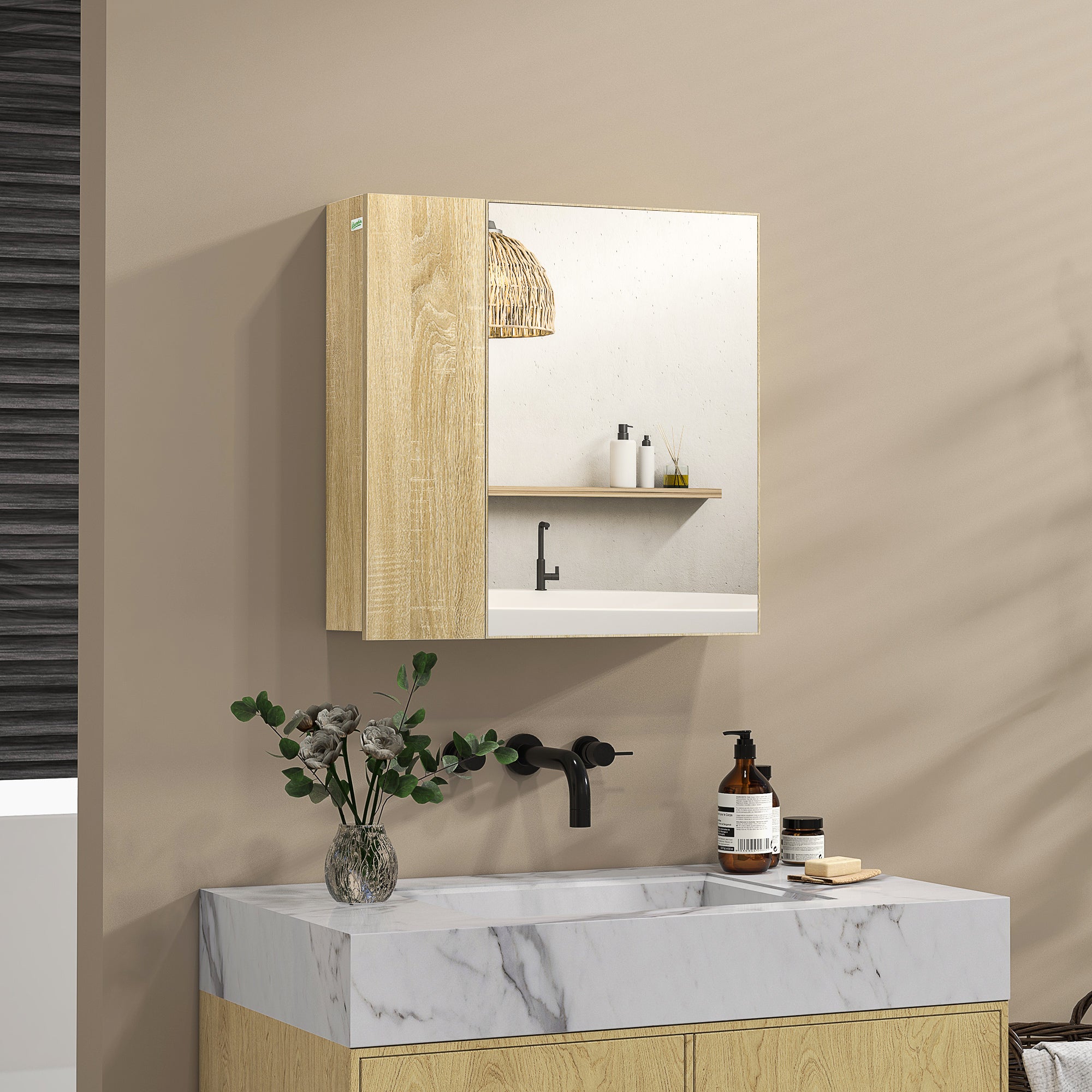 Bathroom Cabinet with Mirror and 4 Internal Shelves, in Chipboard, 60x15x60cm, Wood Color