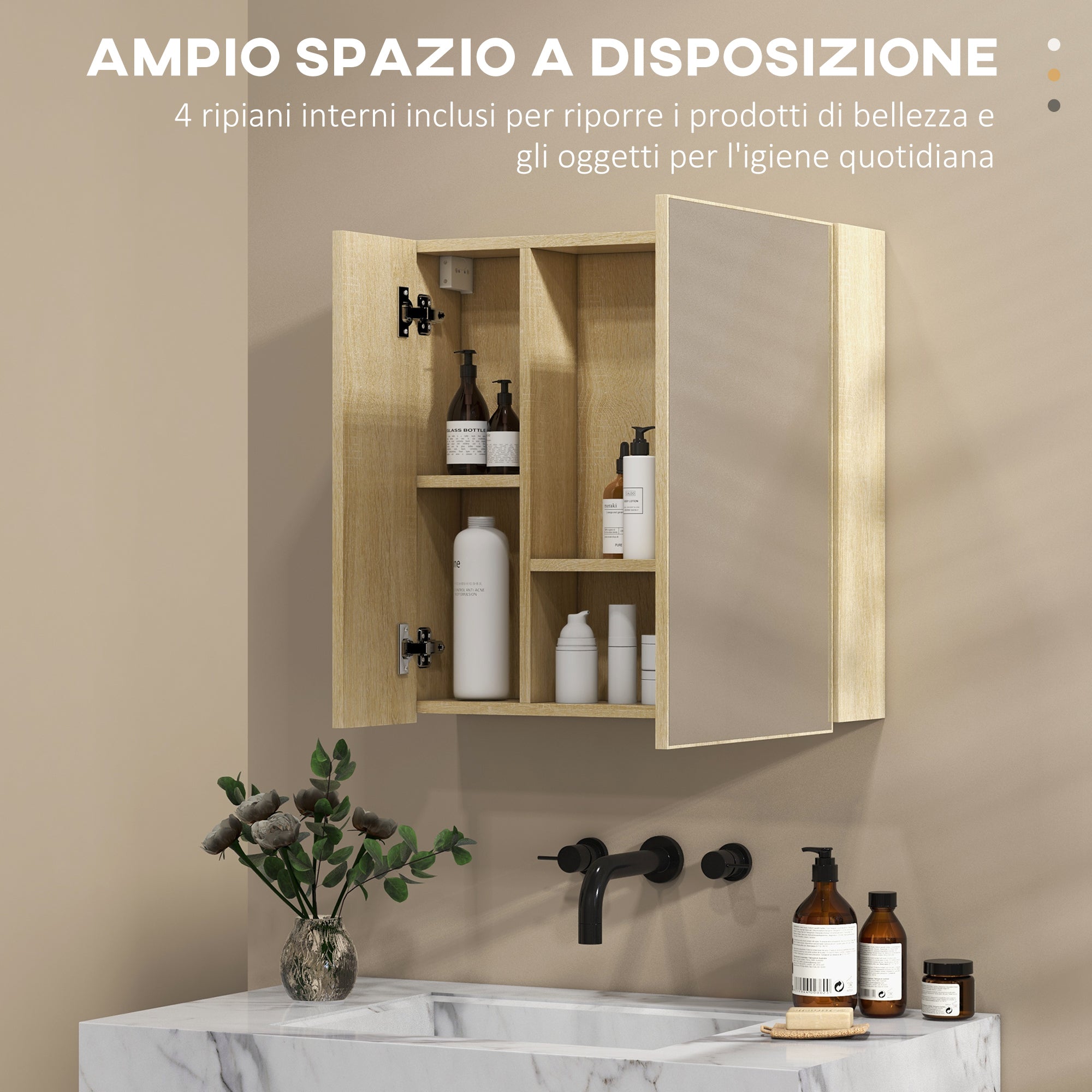 Bathroom Cabinet with Mirror and 4 Internal Shelves, in Chipboard, 60x15x60cm, Wood Color