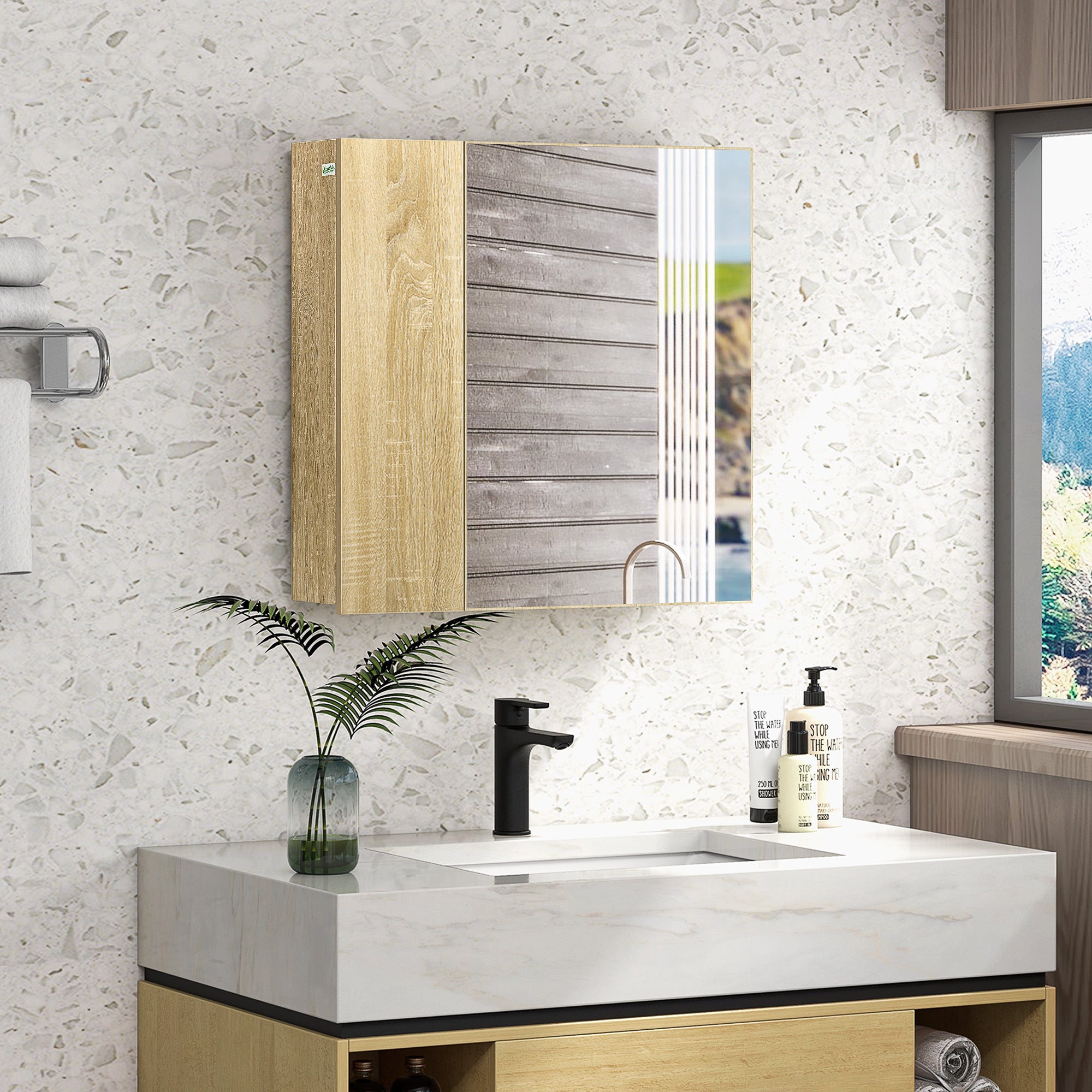 Bathroom Cabinet with Mirror and 4 Internal Shelves, in Chipboard, 60x15x60cm, Wood Color