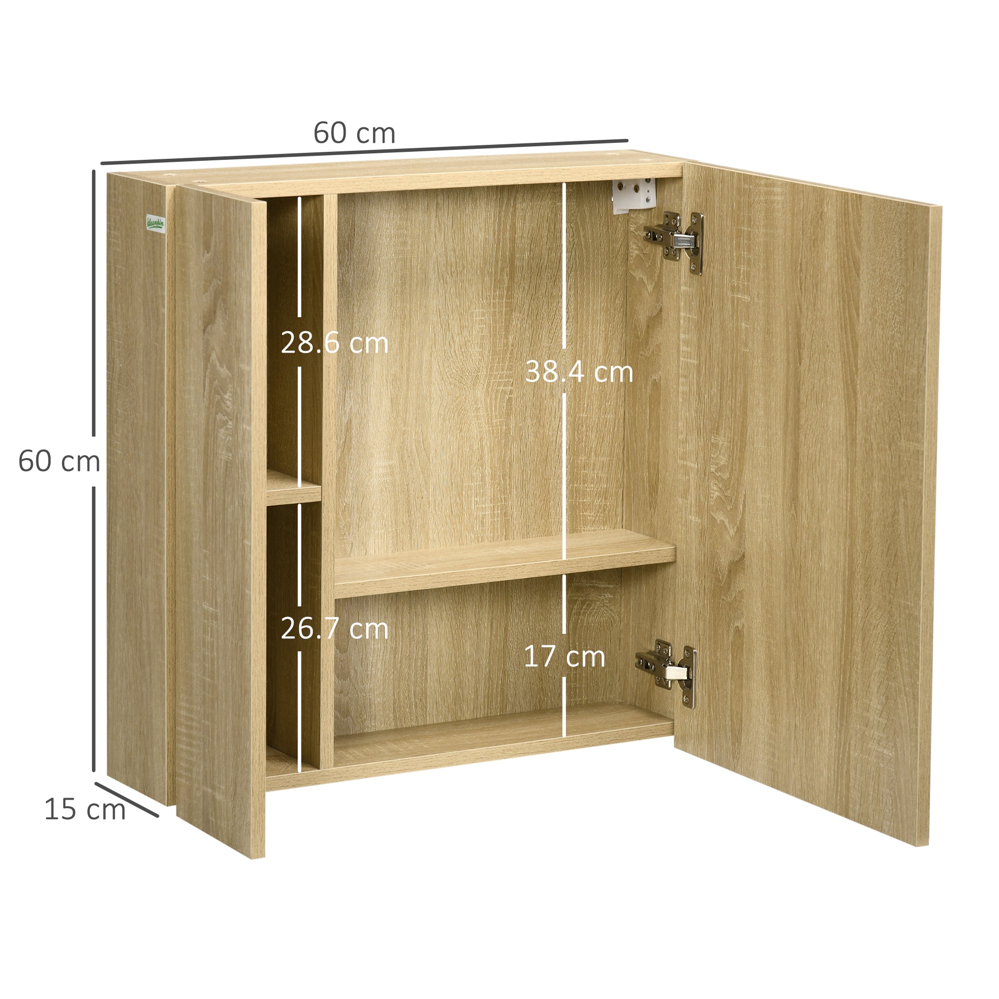 Bathroom Cabinet with Mirror and 4 Internal Shelves, in Chipboard, 60x15x60cm, Wood Color