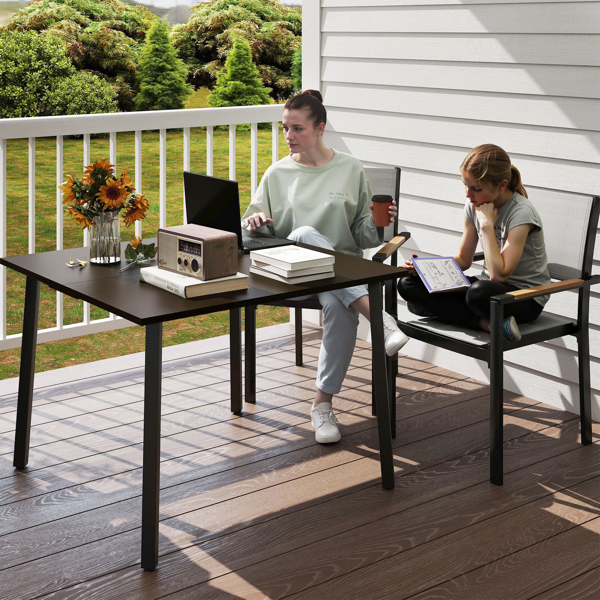 Garden Table, Dining Table for Garden, Square Balcony Table for 4 People Patio Table with Umbrella Hole, Steel, Brown, 100 x 100 x 72 cm