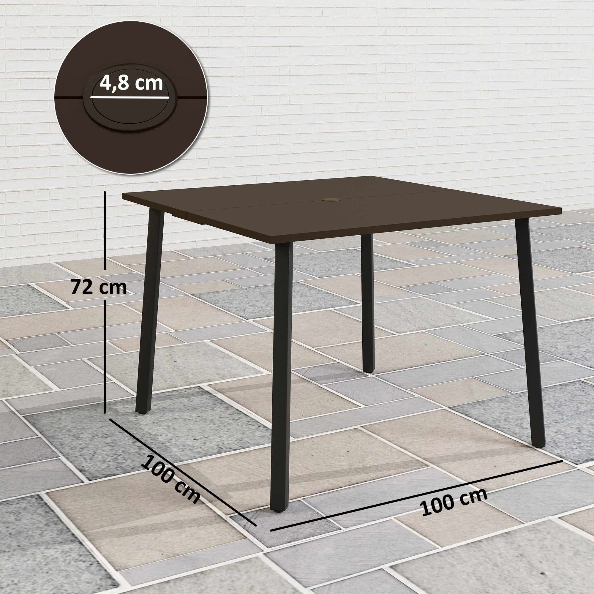 Garden Table, Dining Table for Garden, Square Balcony Table for 4 People Patio Table with Umbrella Hole, Steel, Brown, 100 x 100 x 72 cm