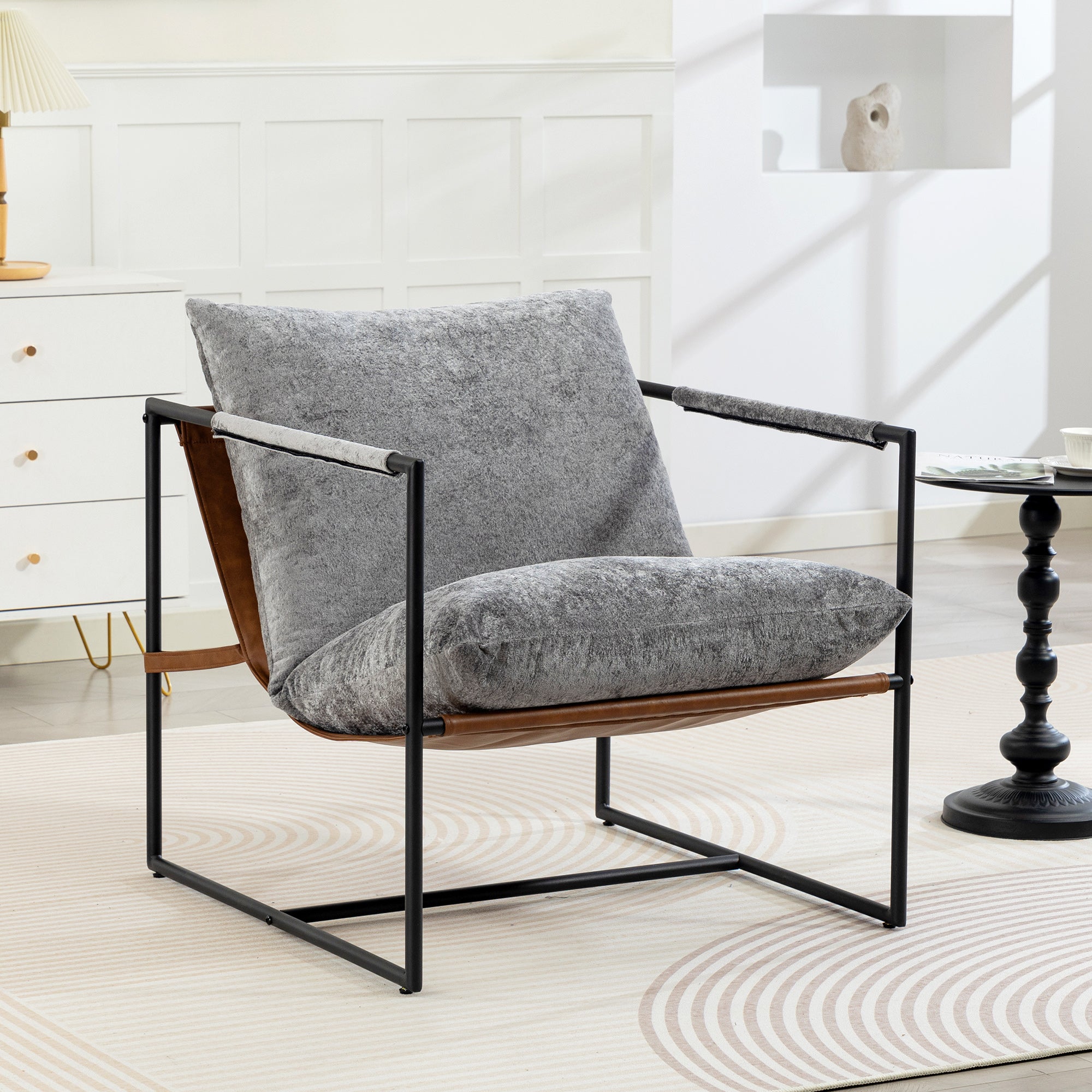 Accent Chair — Padded Printed Velvet Upholstery, Wide Seat, Carbon Steel Frame, Light Gray