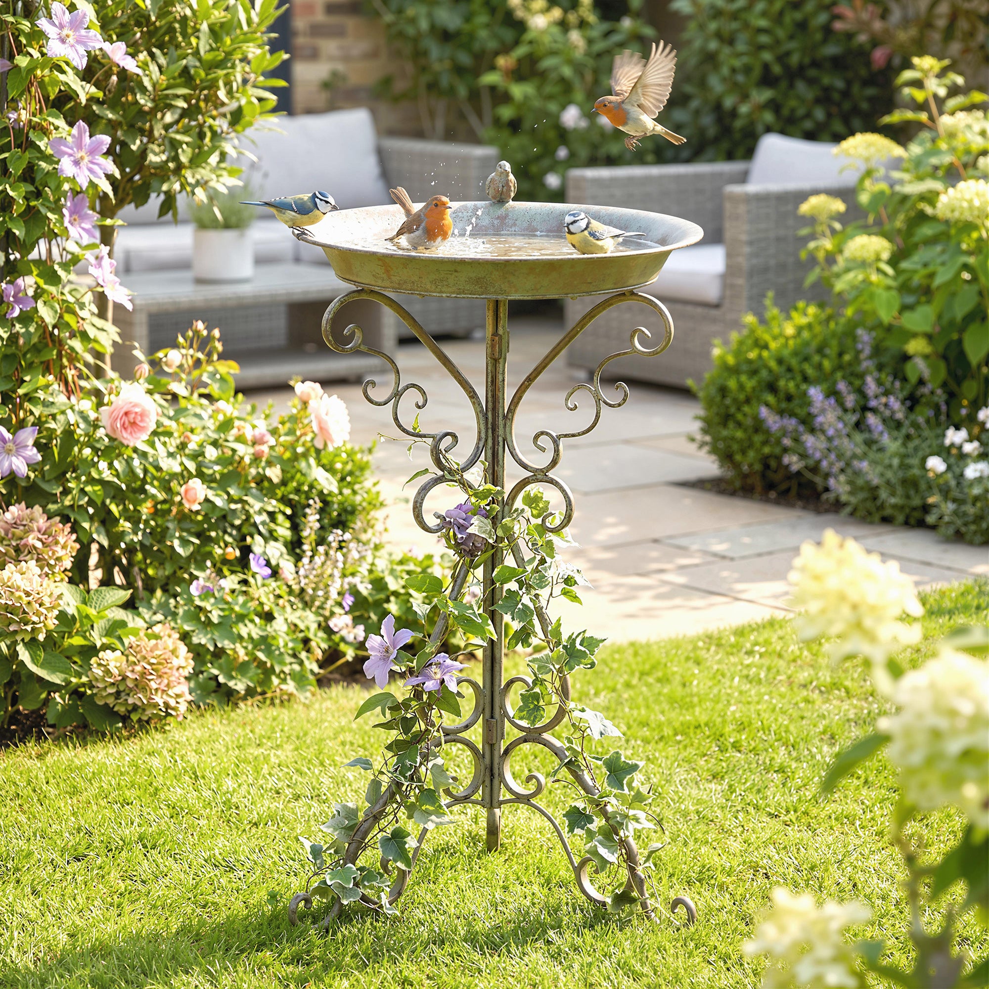 29.5 in Vintage Green Bird Bath with Bird Statue and Decorative Pedestal, Freestanding Garden Basin for Yard, Patio & Terrace, Green