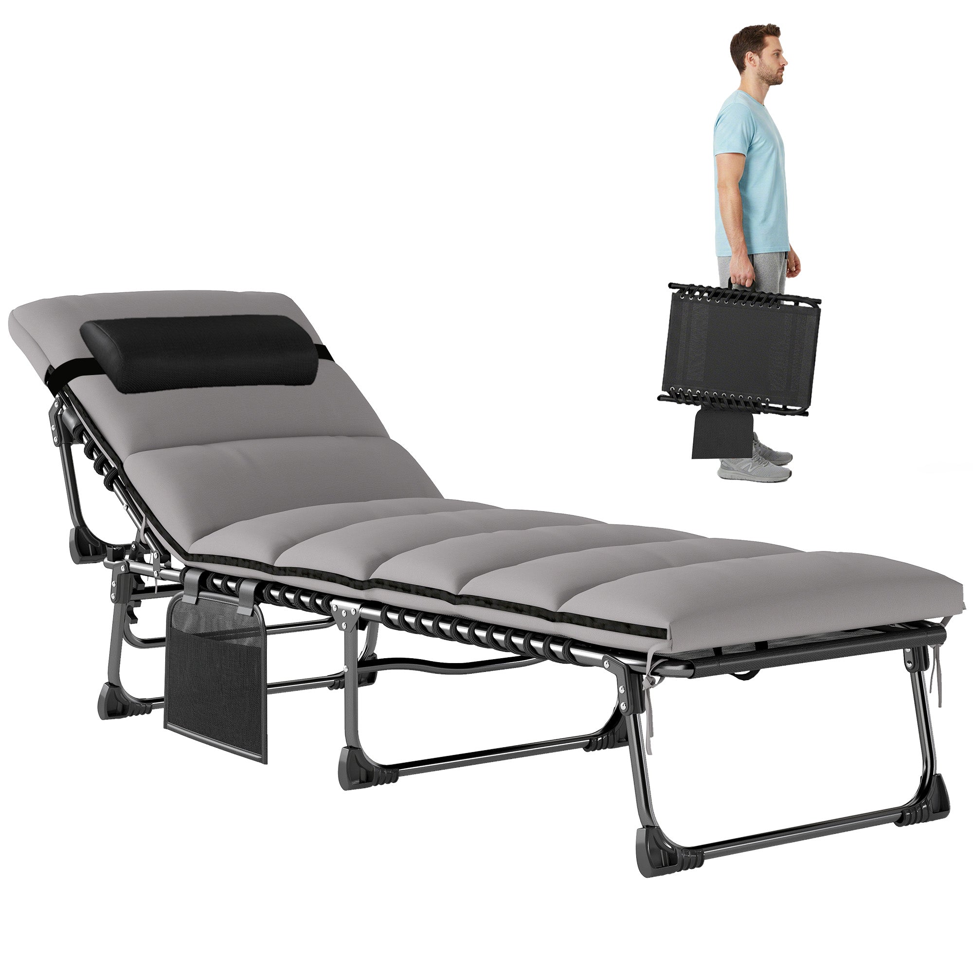 Folding Portable Sun Lounger – 5-Position Adjustable Backrest, Padded Mattress & Headrest, Side Pocket, Breathable Mesh Recliner for Garden, Patio & Pool