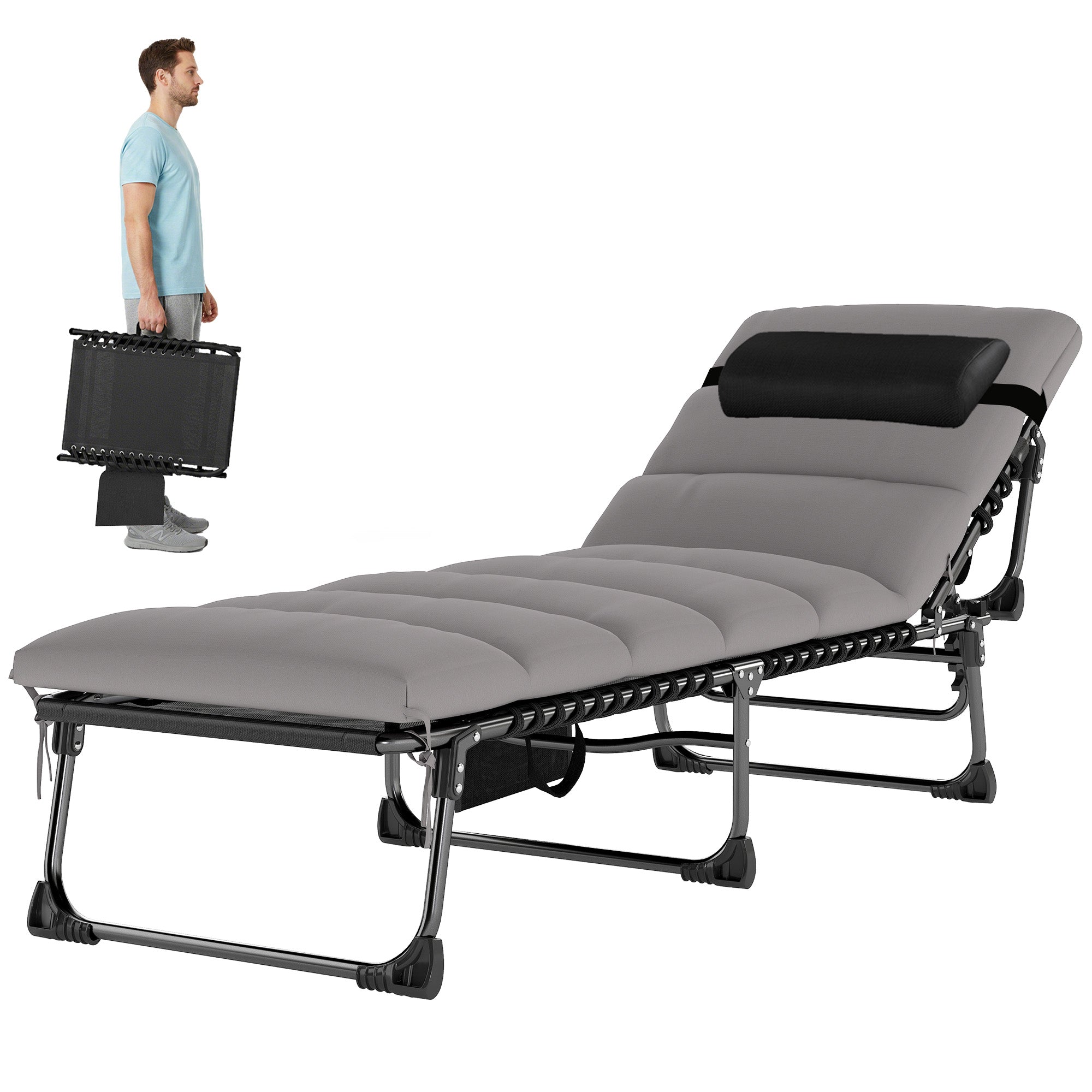 Folding Portable Sun Lounger – 5-Position Adjustable Backrest, Padded Mattress & Headrest, Side Pocket, Breathable Mesh Recliner for Garden, Patio & Pool