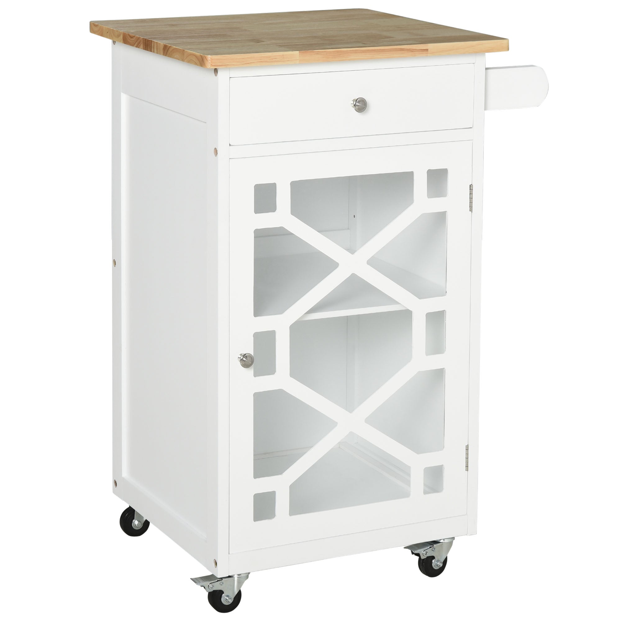 Service Trolley - kitchen trolley on wheels - drawer, cupboard, towel rack - dim. 63L x 45W x 86H cm - white wooden structure