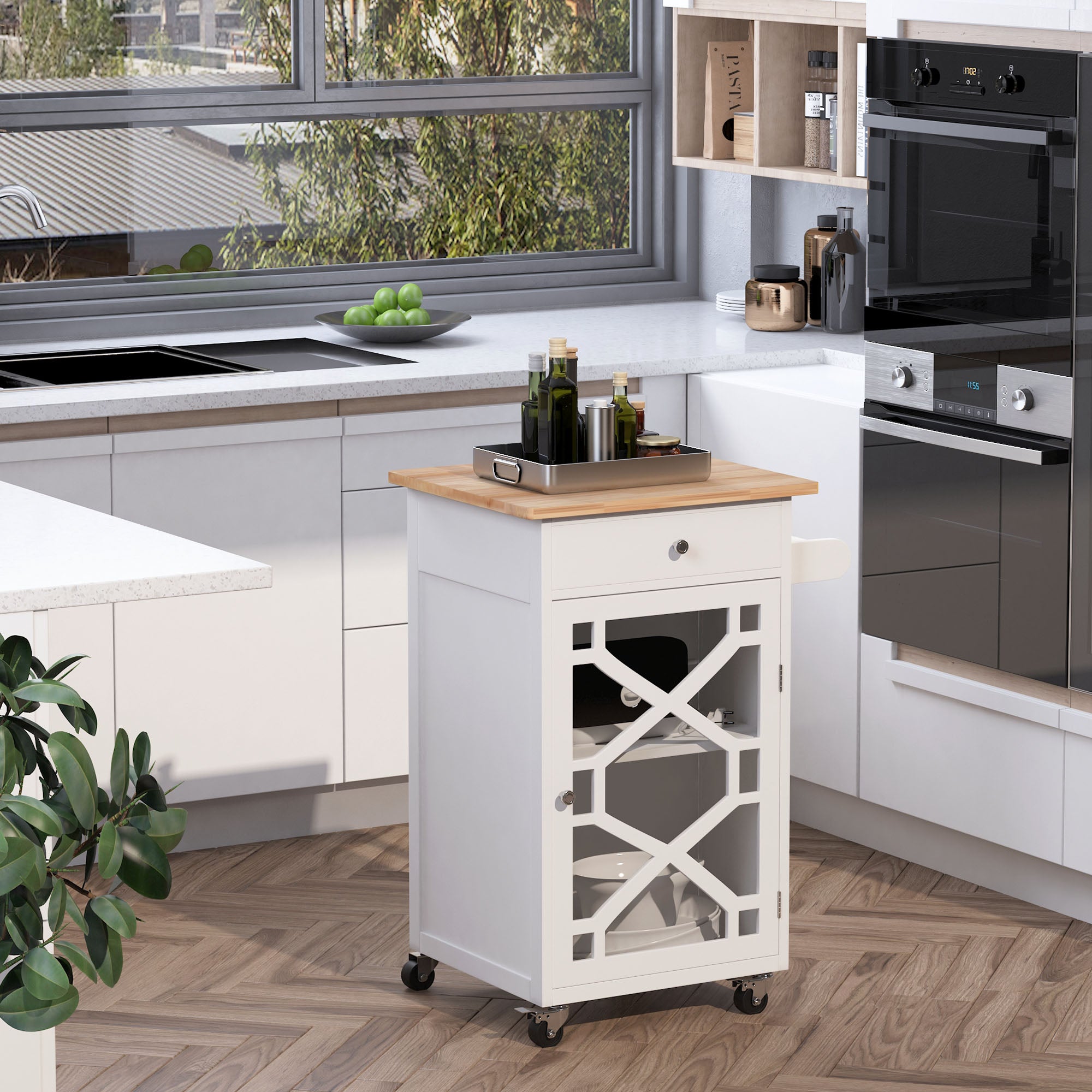 Service Trolley - kitchen trolley on wheels - drawer, cupboard, towel rack - dim. 63L x 45W x 86H cm - white wooden structure