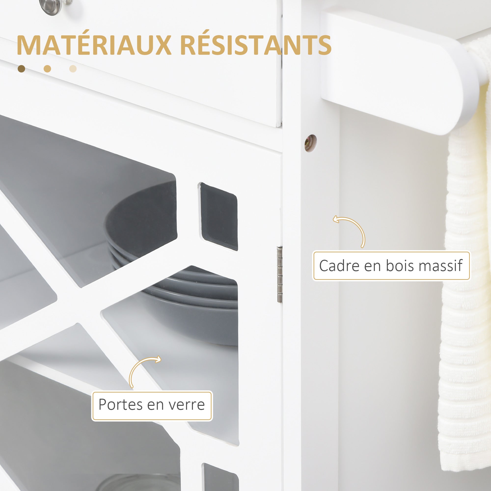 Service Trolley - kitchen trolley on wheels - drawer, cupboard, towel rack - dim. 63L x 45W x 86H cm - white wooden structure