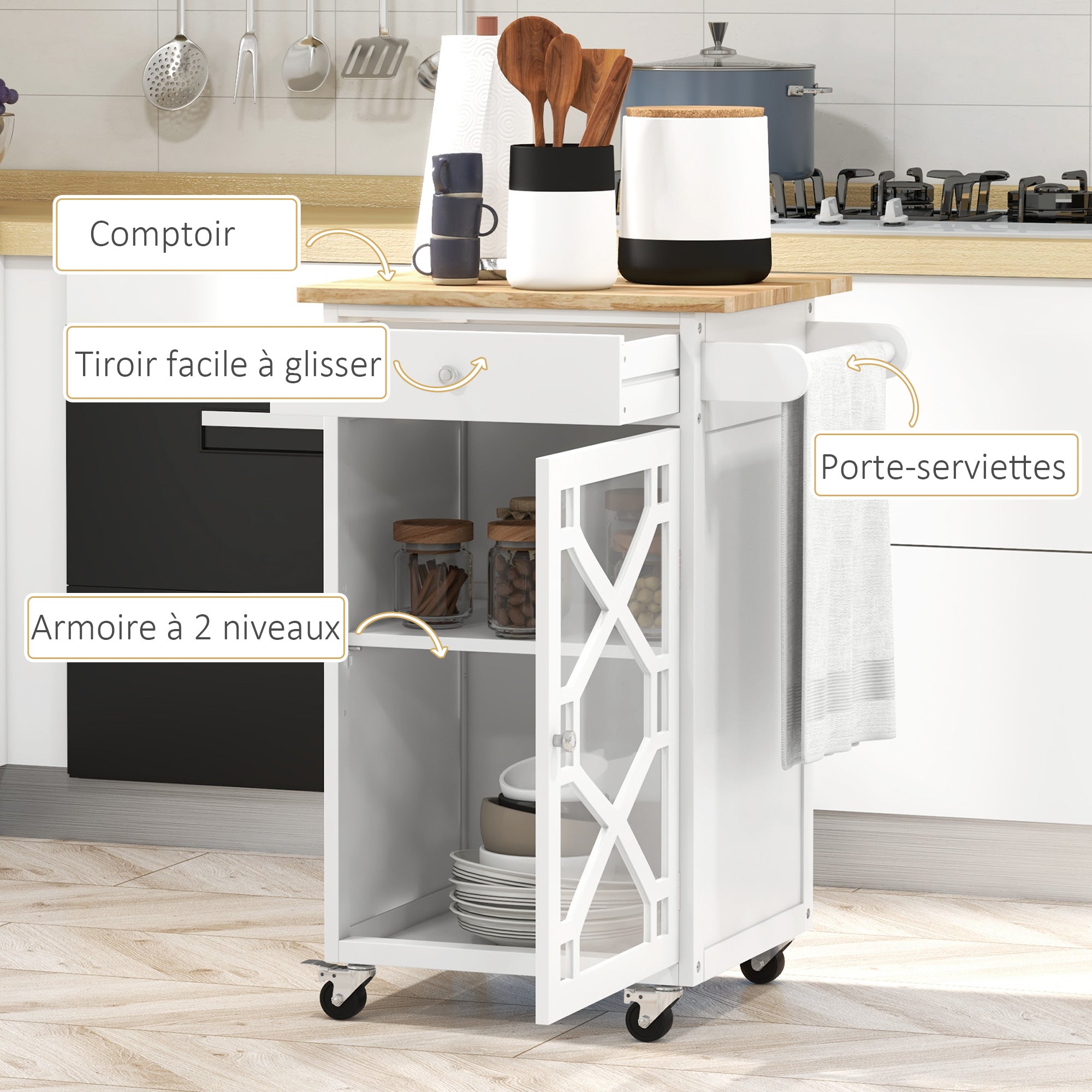 Service Trolley - kitchen trolley on wheels - drawer, cupboard, towel rack - dim. 63L x 45W x 86H cm - white wooden structure