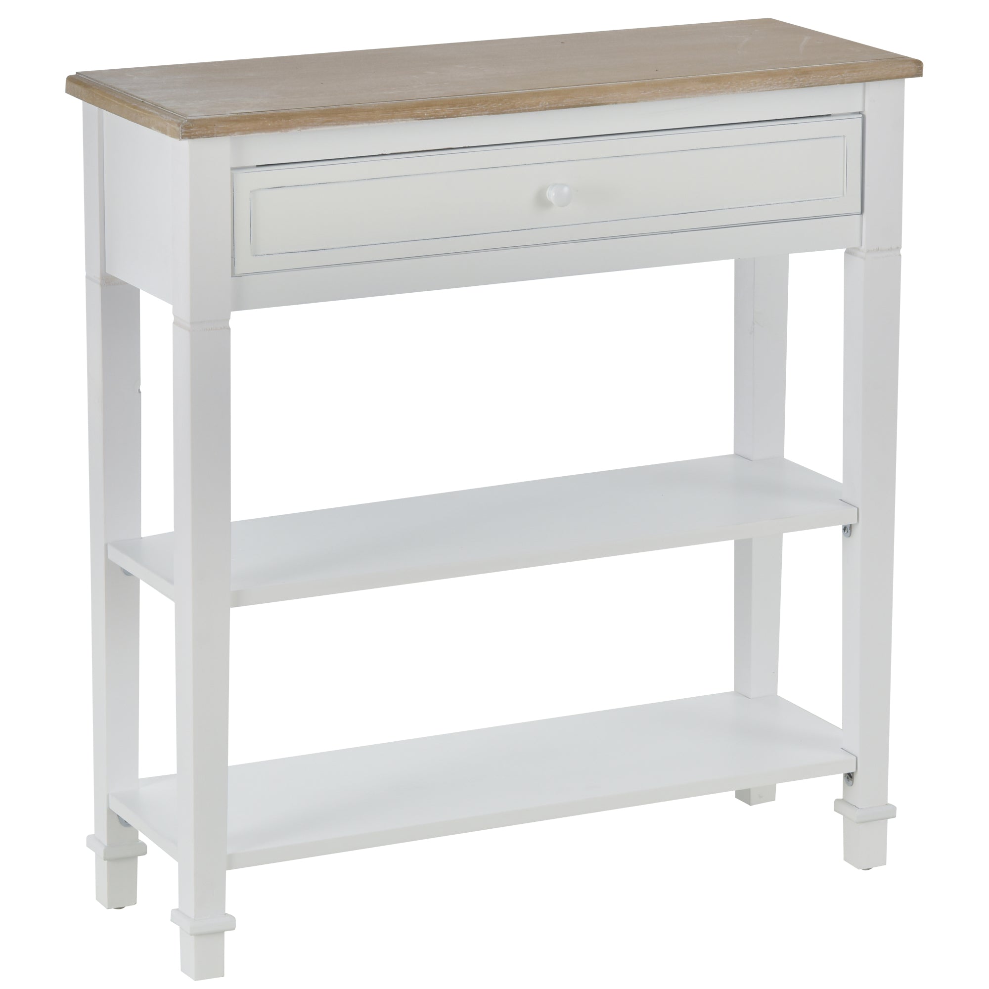 Multifunctional Console Table Side Table for Hallway Dining Room with 2 Shelves 1 Removable Drawer Retro Style Handle Pine 75.6x27.5x80.5 cm Natural Wood White