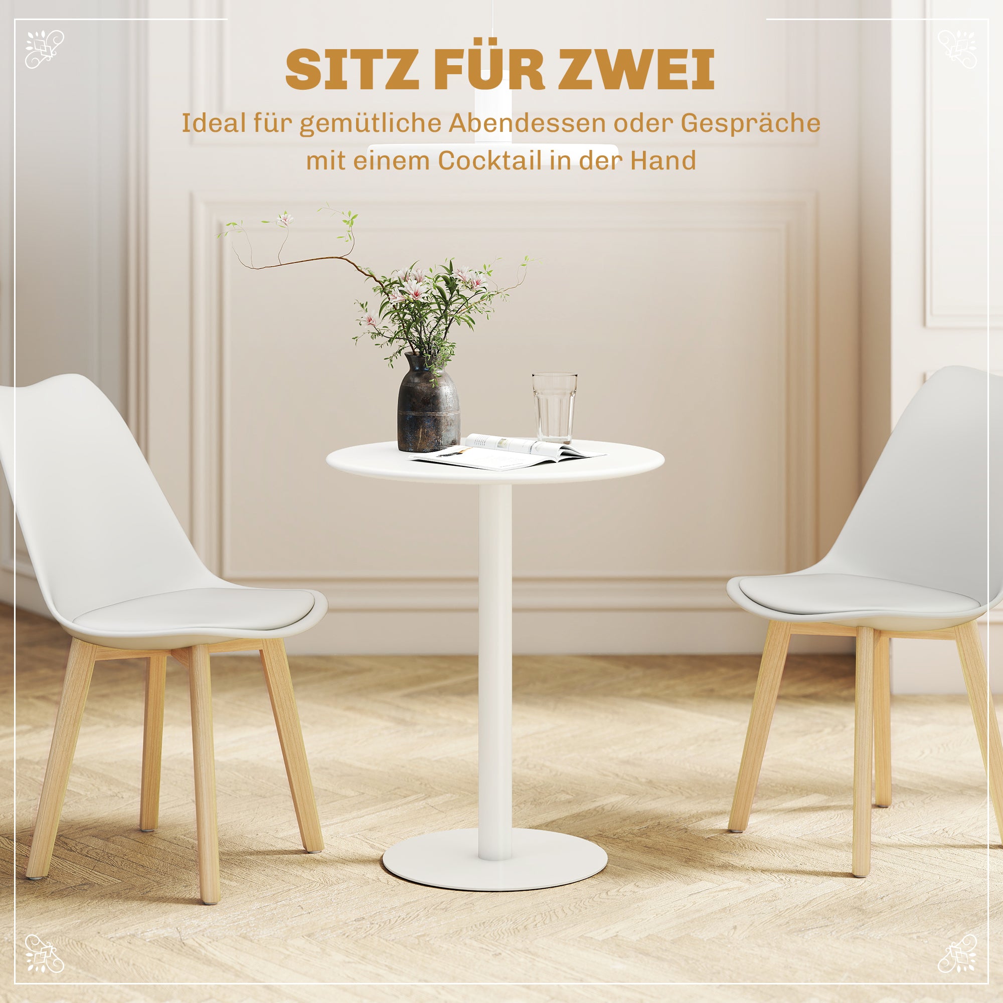 Dining Table, Round Kitchen Table for 2 People, Modern Dining Table for Living Room, Garden, Steel, Ø60 x 72 cm, White