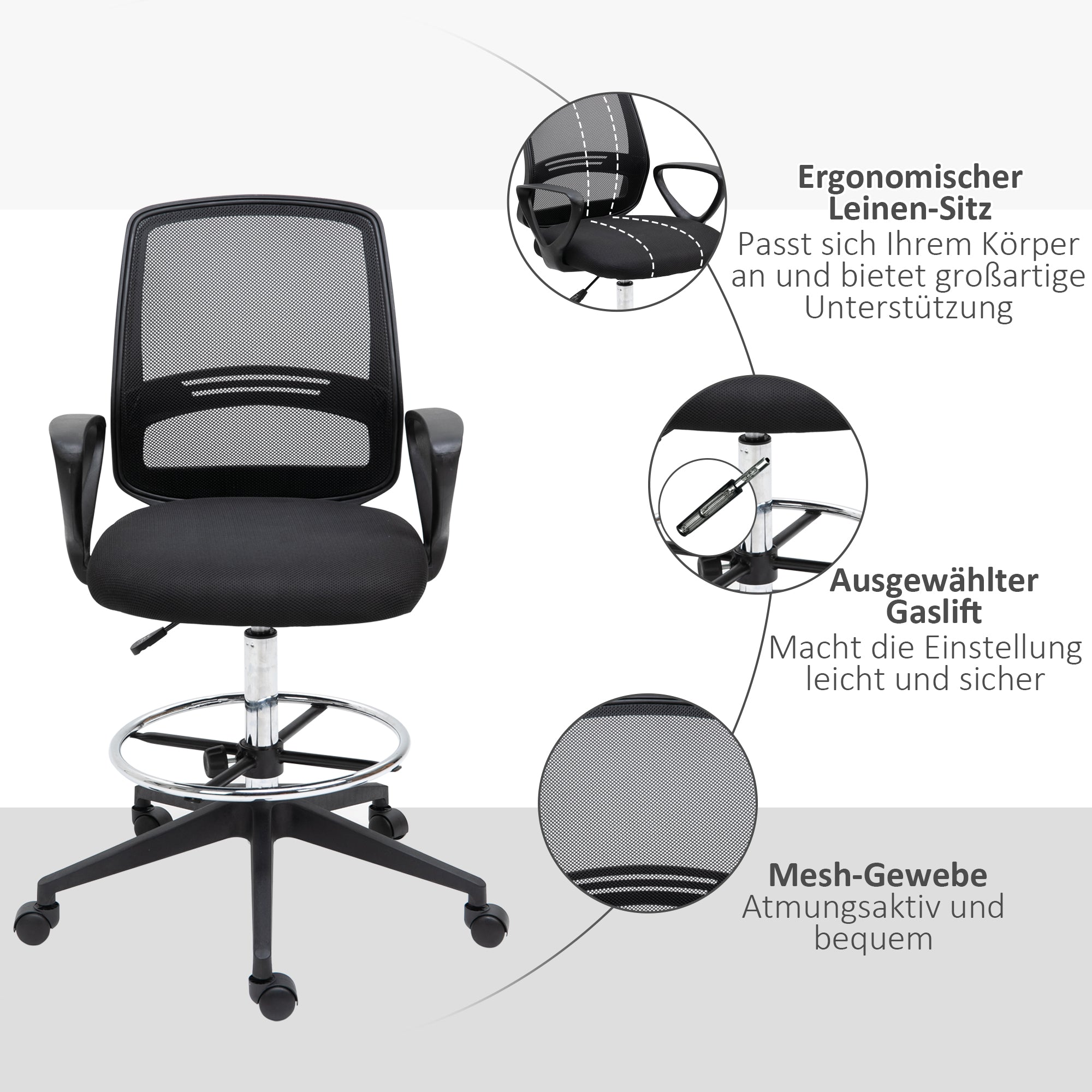 Office Chair Ergonomic Desk Chair with Armrests and Adjustable Foot Ring, Height Adjustable Swivel Chair with Mesh Upholstery Black