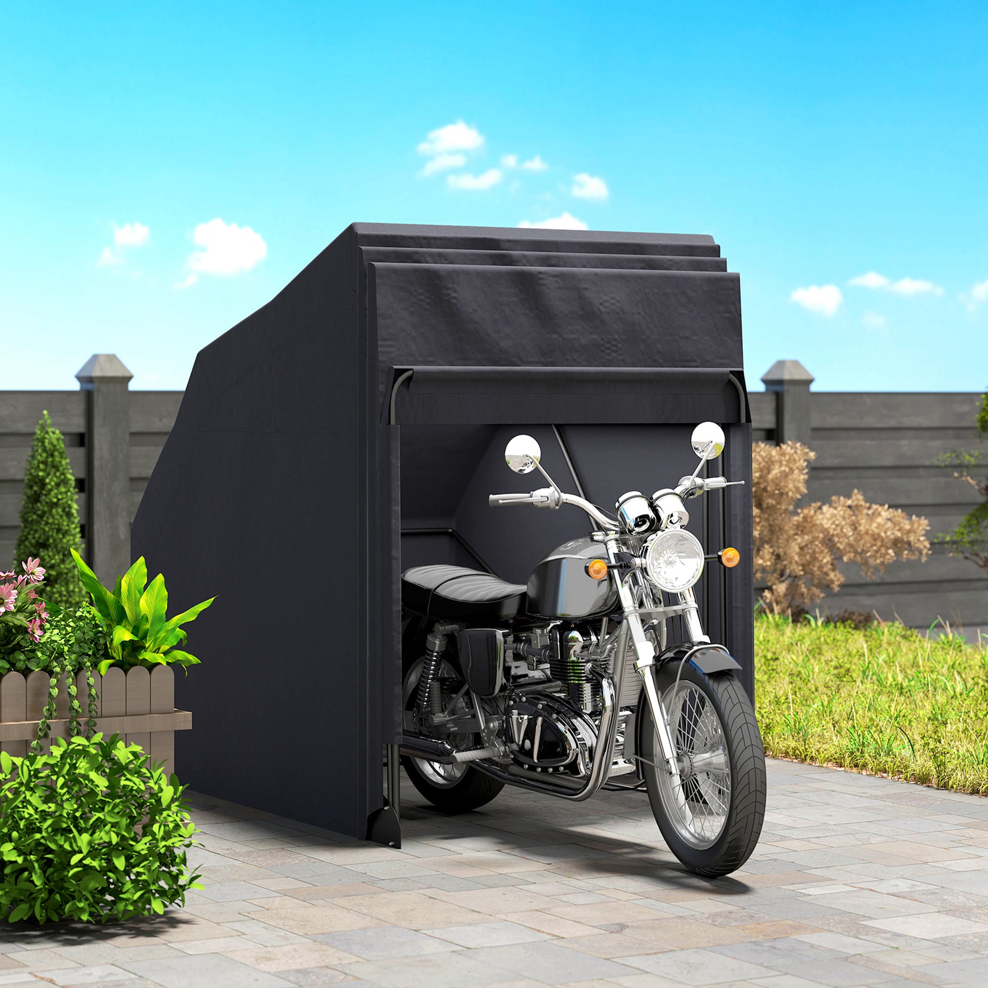 Motorcycle Cover Foldable Outdoor Motorcycle Cover with Window Waterproof Motorcycle Garage Oxford Fabric Motorcycle Tarp Cover for 2 Motorcycles Scooters 345cmx135cmx191cm Black