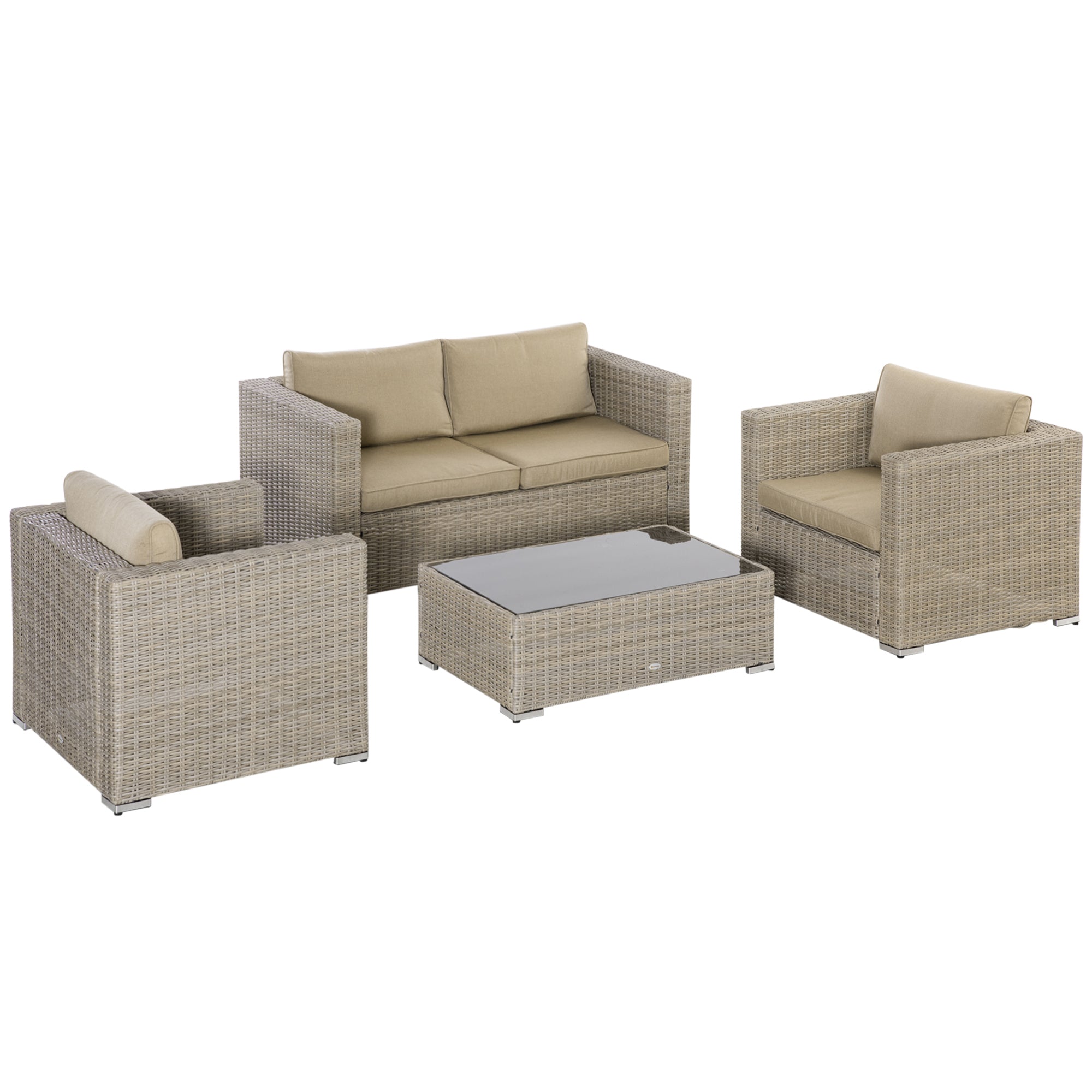 4-Piece PE Rattan Garden Furniture Set, Outdoor Lounge with 1 Sofa, 2 Armchairs, 1 Coffee Table and Removable Washable Cushions, Khaki and Beige