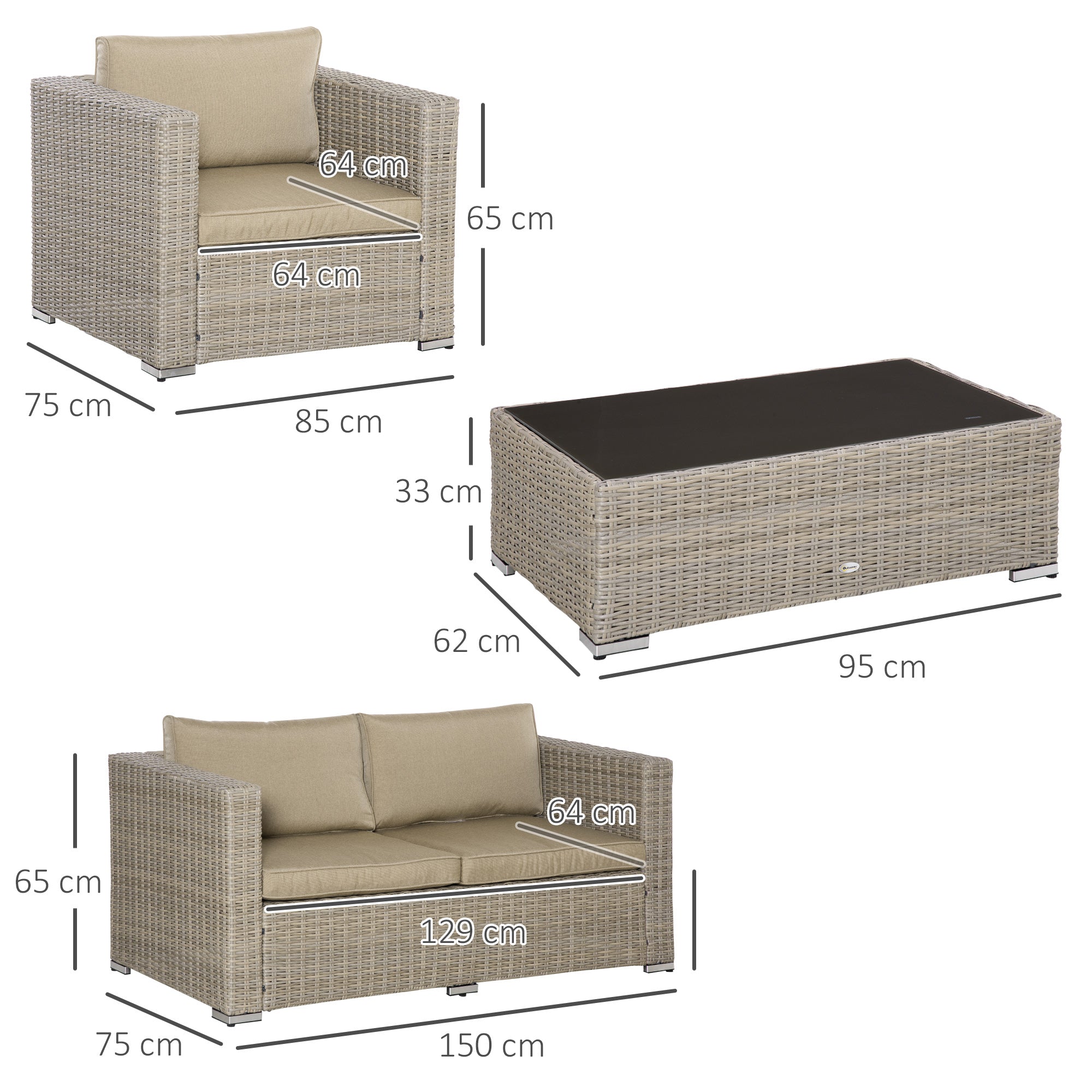 4-Piece PE Rattan Garden Furniture Set, Outdoor Lounge with 1 Sofa, 2 Armchairs, 1 Coffee Table and Removable Washable Cushions, Khaki and Beige