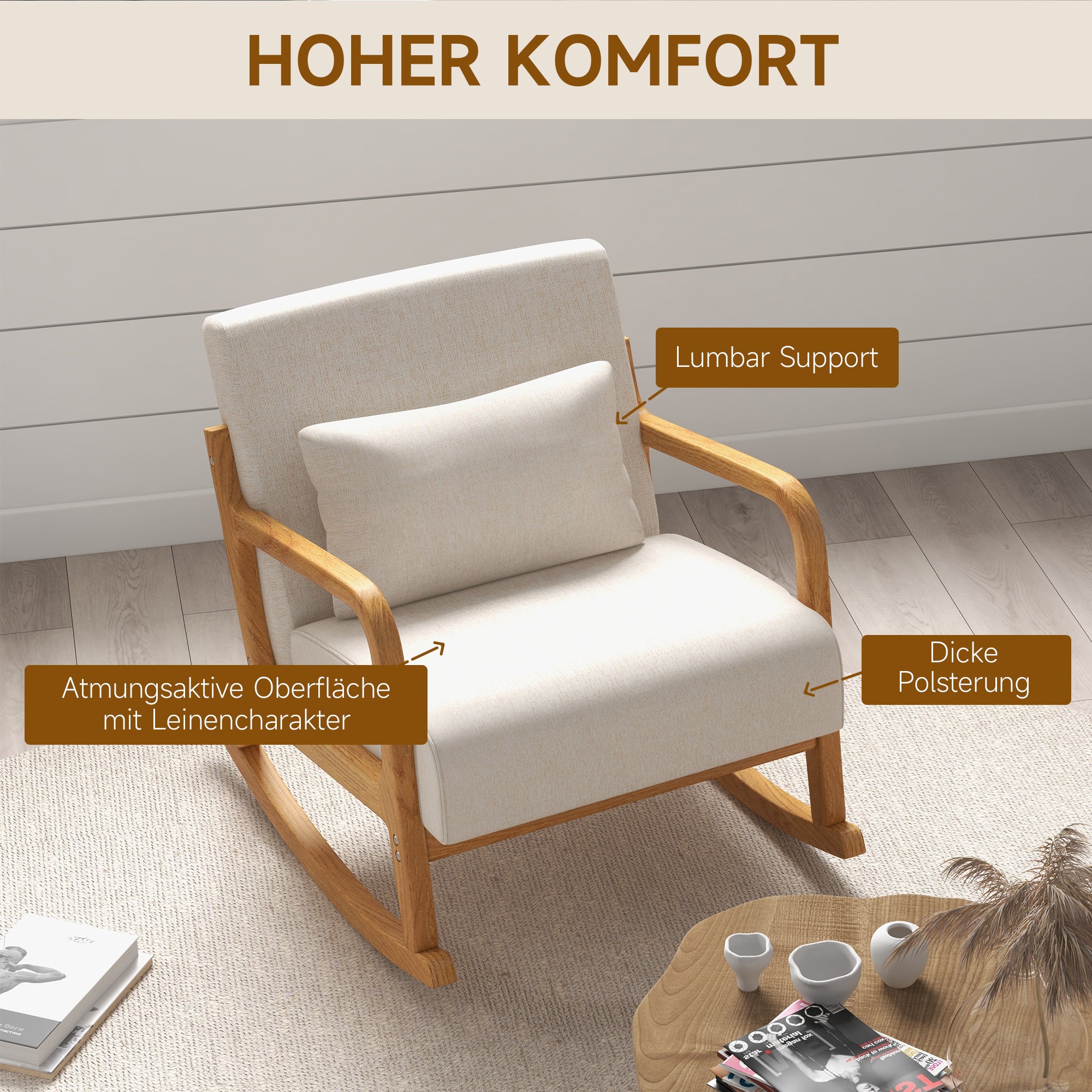 Rocking Chair, Rocking Chair, Padded Rocking Chair with Wooden Frame, Recliner with Armrest, for Bedroom, Living Room, Cream