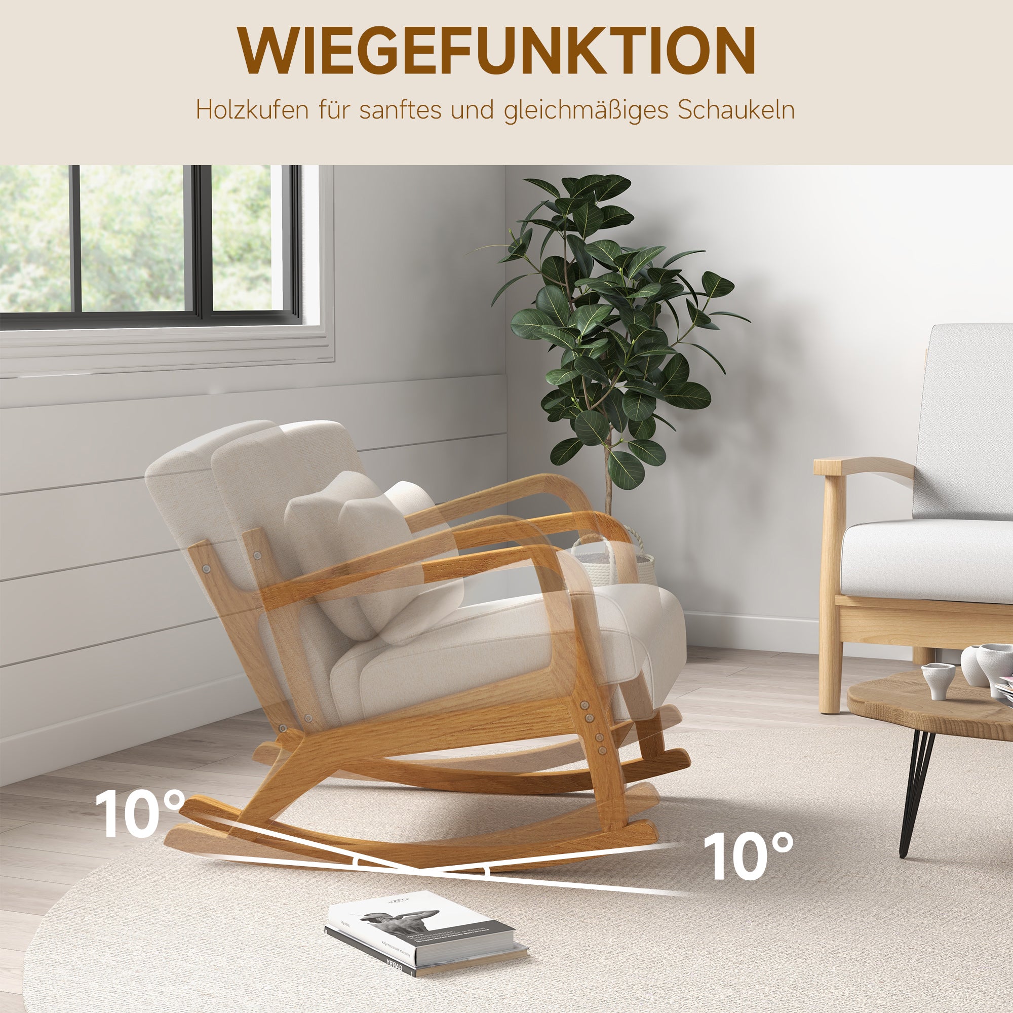 Rocking Chair, Rocking Chair, Padded Rocking Chair with Wooden Frame, Recliner with Armrest, for Bedroom, Living Room, Cream