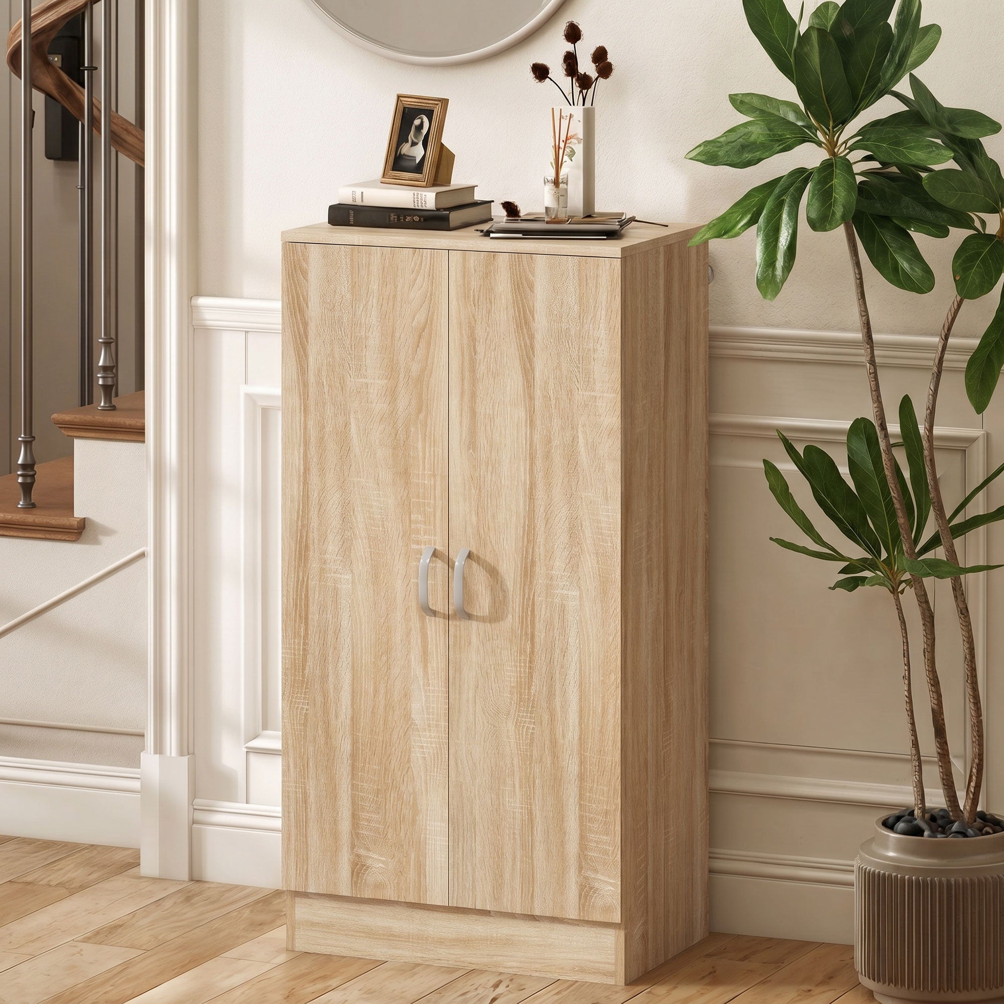 2-Door Shoe Cabinet with 6 Adjustable Shelves, Soft-Close Doors, Stores up to 14 Pairs, Natural Wood Finish (55 x 35 x 108 cm)