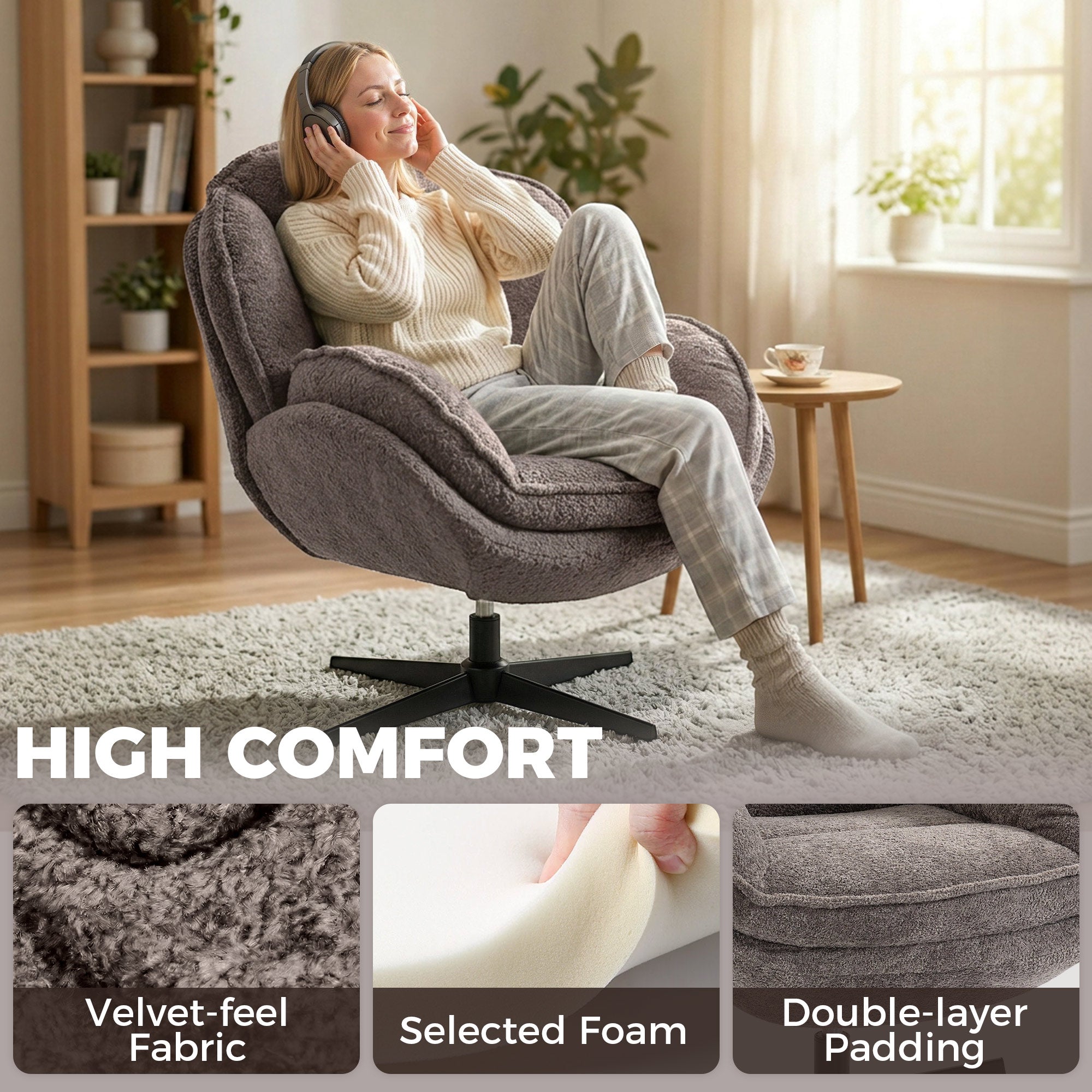 Wingback Swivel Lounge Chair, Padded Velvet-Feel Upholstery, Metal Legs, Comfortable Relax Chair for Living Room & Bedroom, Gray