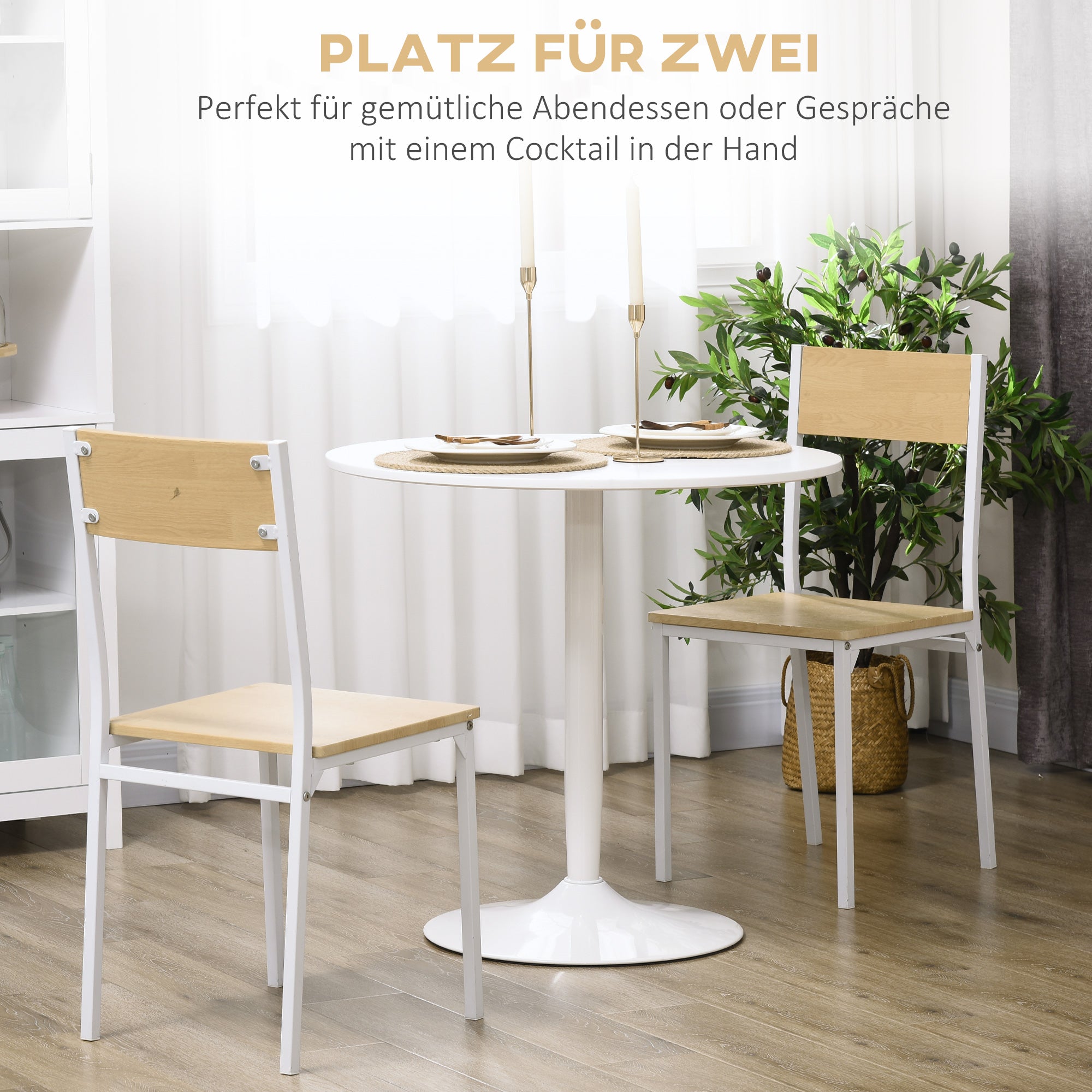 Dining Table, Round Kitchen Table, Modern Dining Table for 2 Persons, Bar Table with Steel Base, Non-Slip Footrest, Coffee Table for Living Room, Ø80 x 75 cm, White