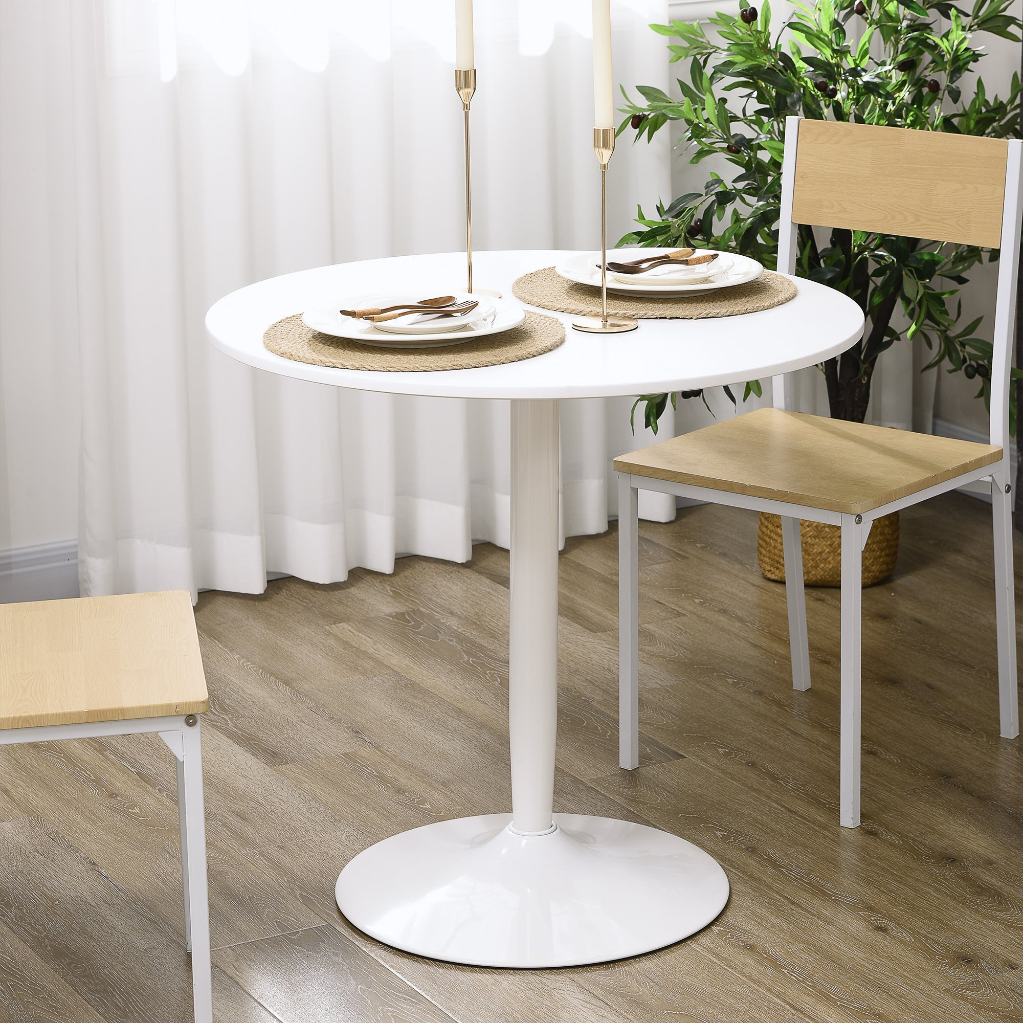Dining Table, Round Kitchen Table, Modern Dining Table for 2 Persons, Bar Table with Steel Base, Non-Slip Footrest, Coffee Table for Living Room, Ø80 x 75 cm, White