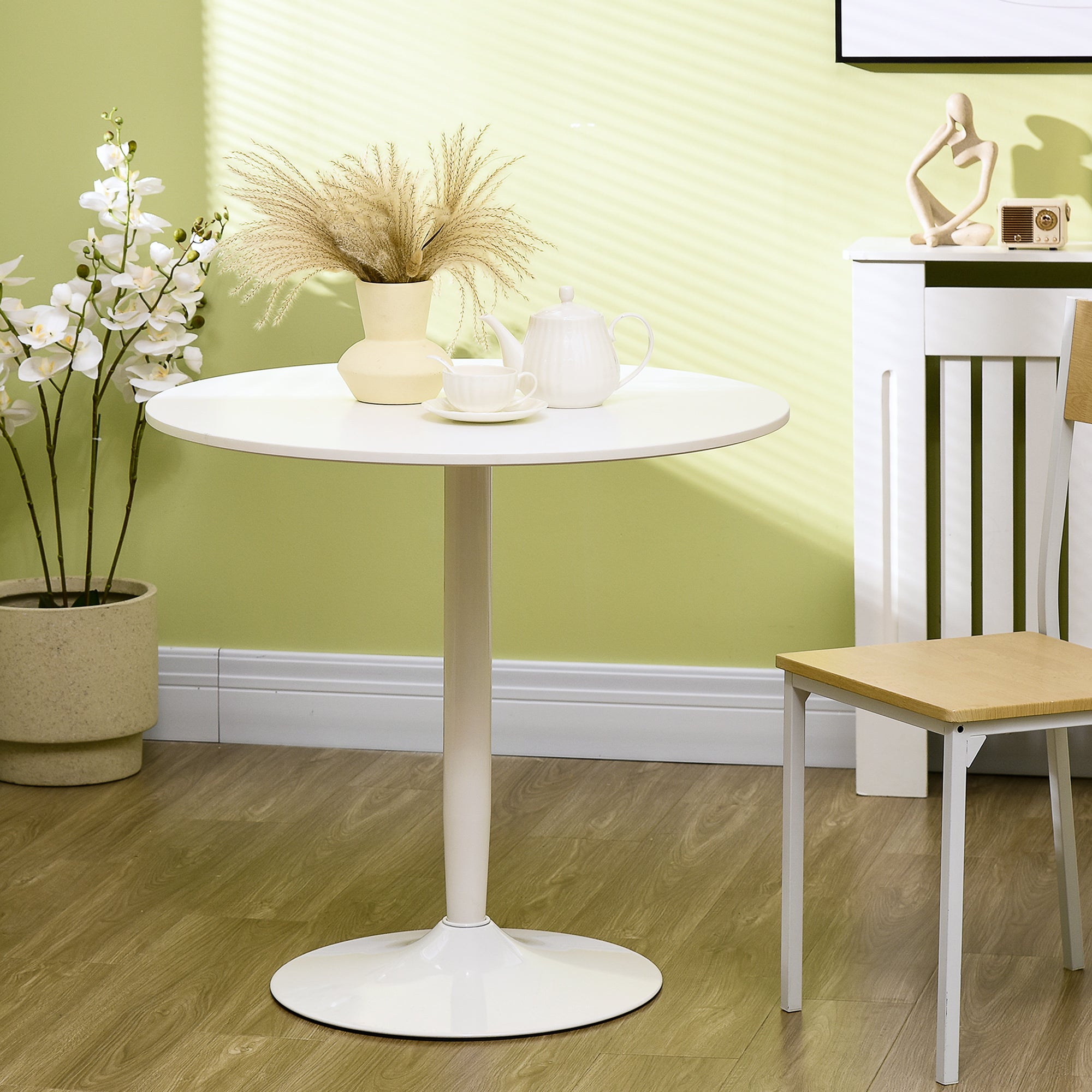 Dining Table, Round Kitchen Table, Modern Dining Table for 2 Persons, Bar Table with Steel Base, Non-Slip Footrest, Coffee Table for Living Room, Ø80 x 75 cm, White