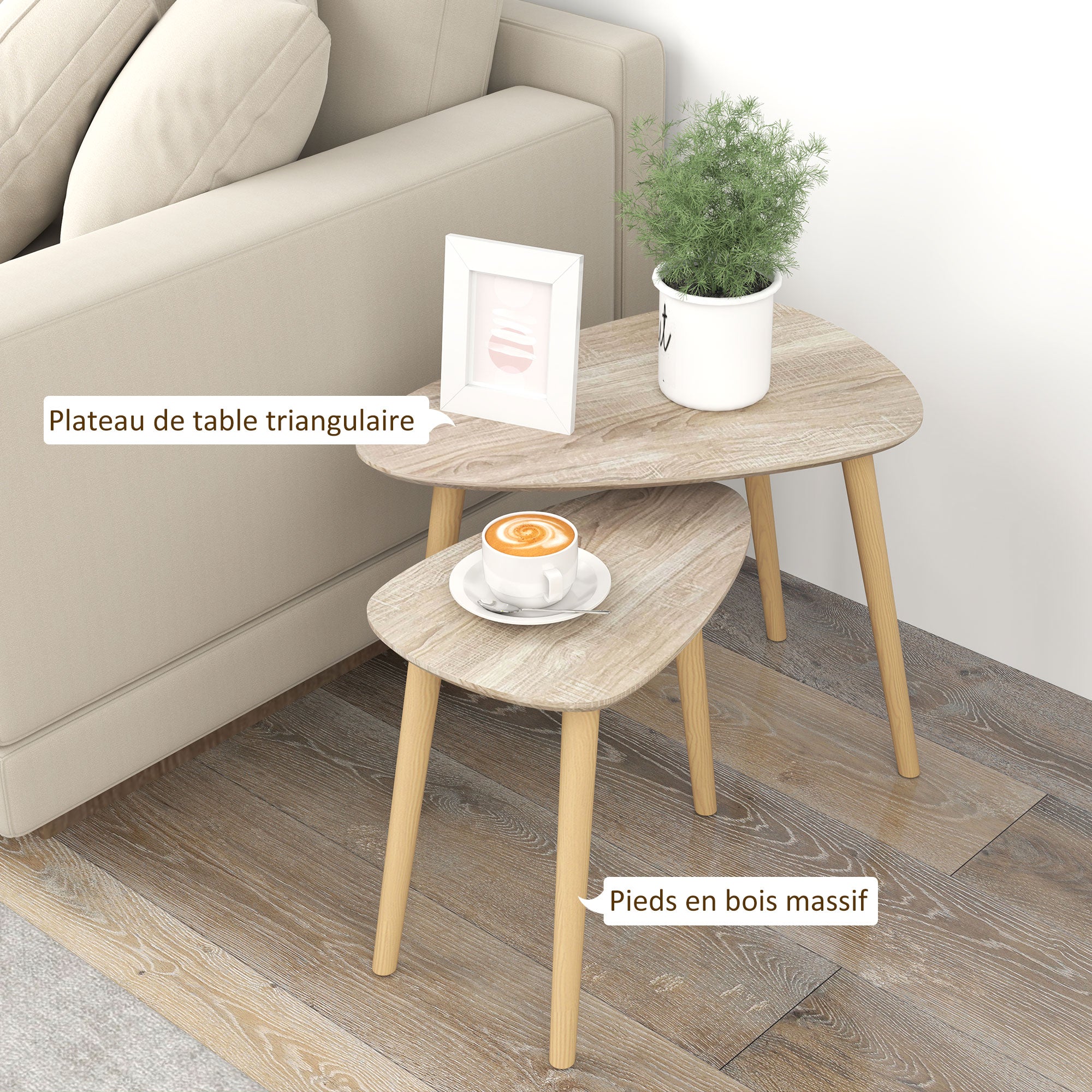 Set of 2 Scandinavian design nested coffee tables with wooden legs and wooden top, natural look