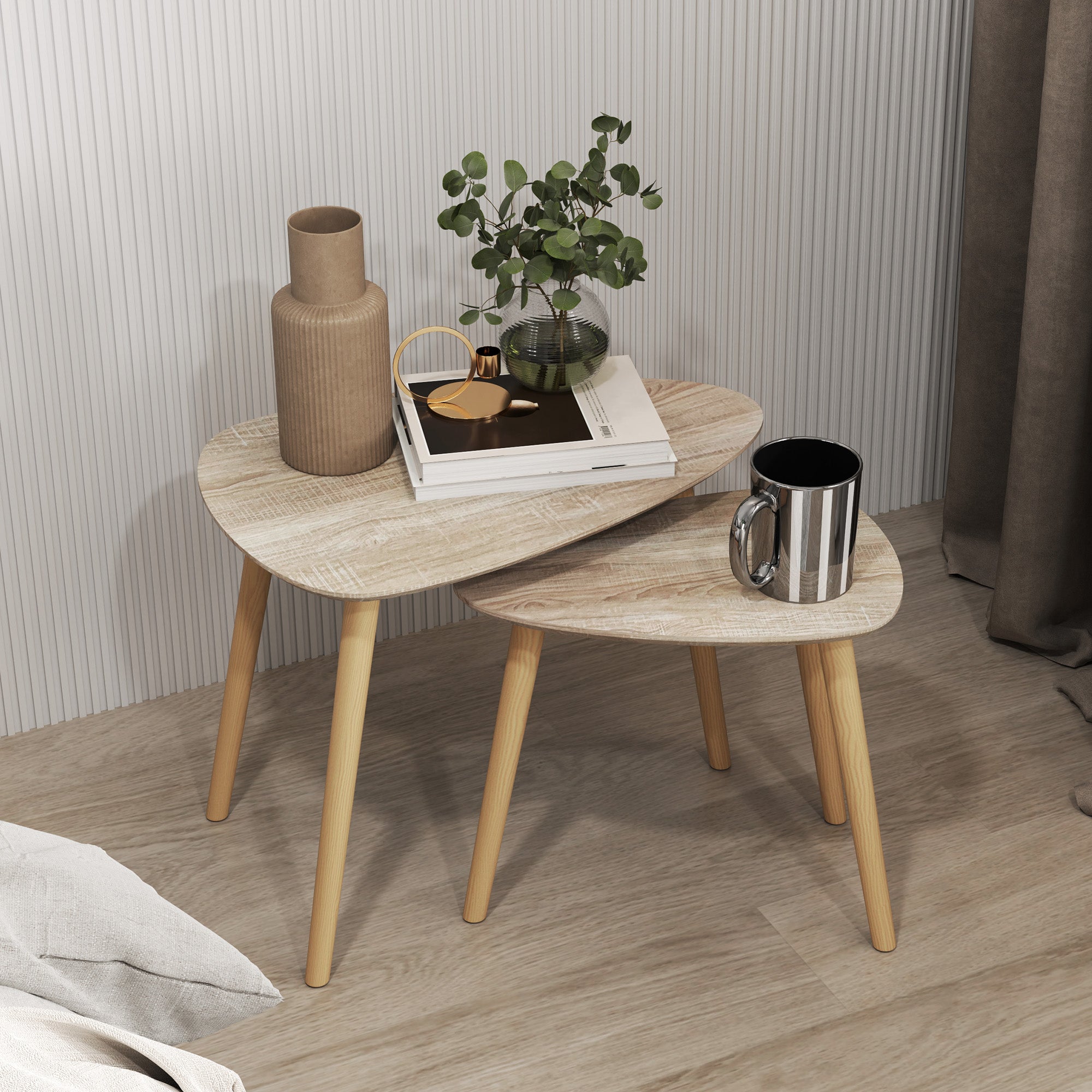 Set of 2 Scandinavian design nested coffee tables with wooden legs and wooden top, natural look