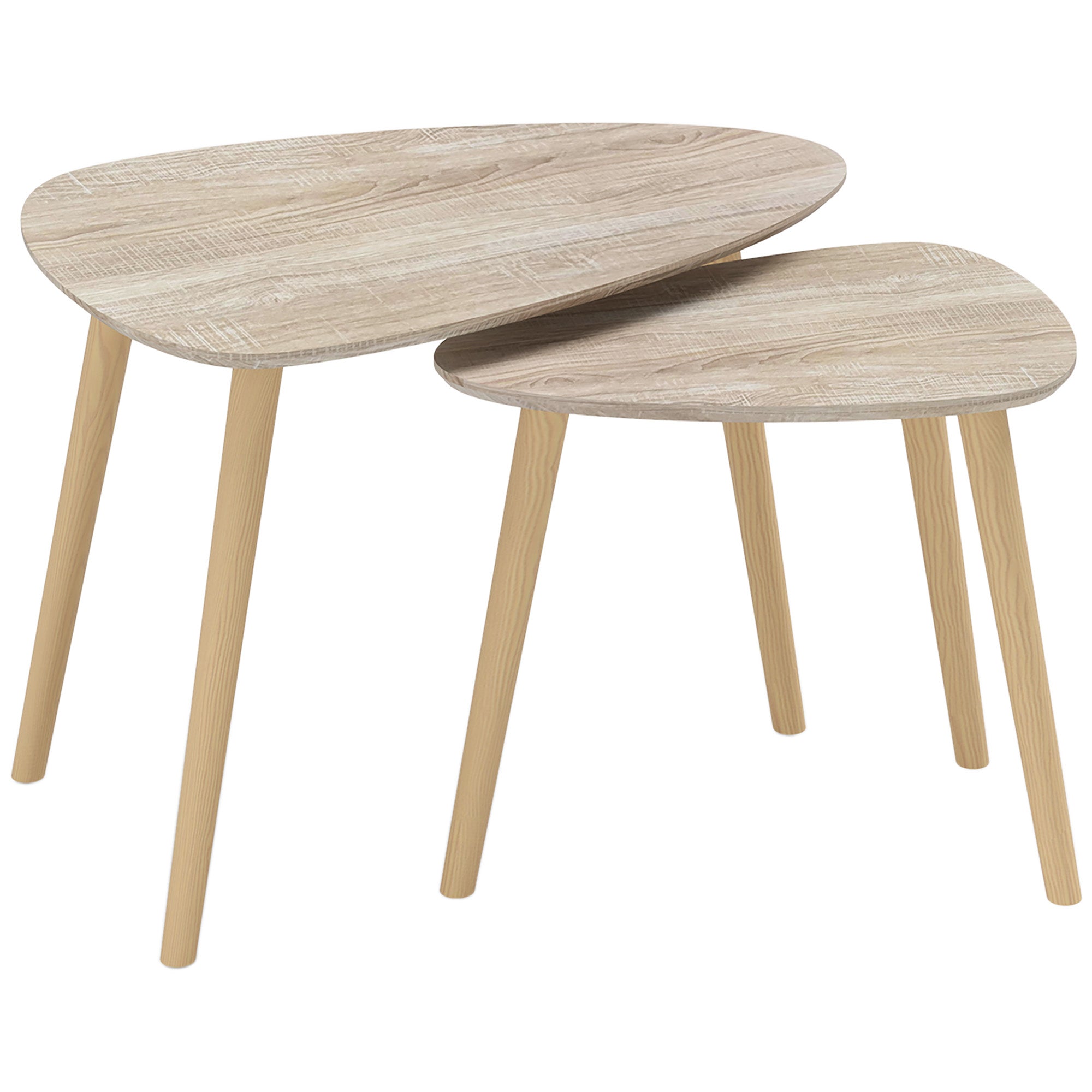 Set of 2 Scandinavian design nested coffee tables with wooden legs and wooden top, natural look