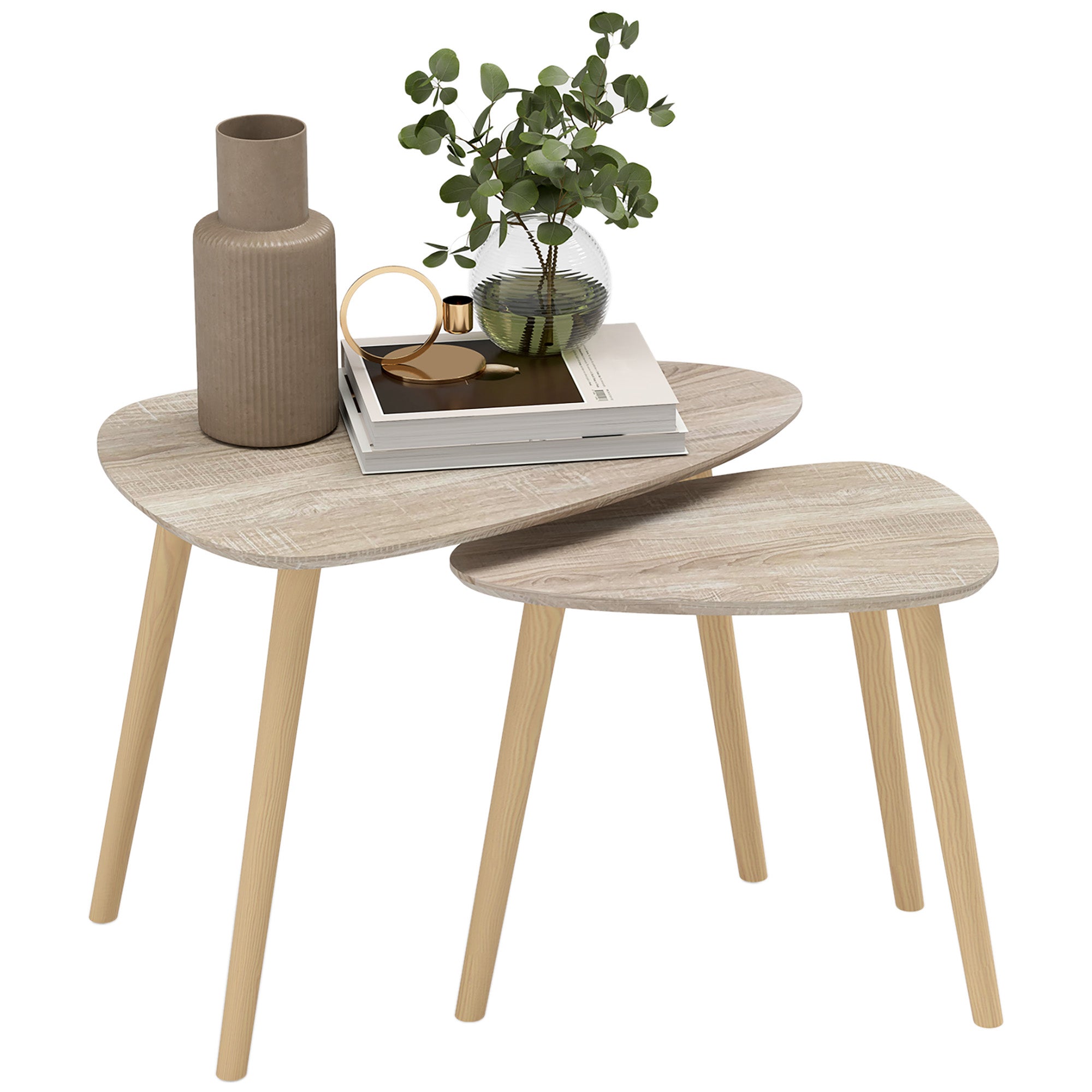Set of 2 Scandinavian design nested coffee tables with wooden legs and wooden top, natural look