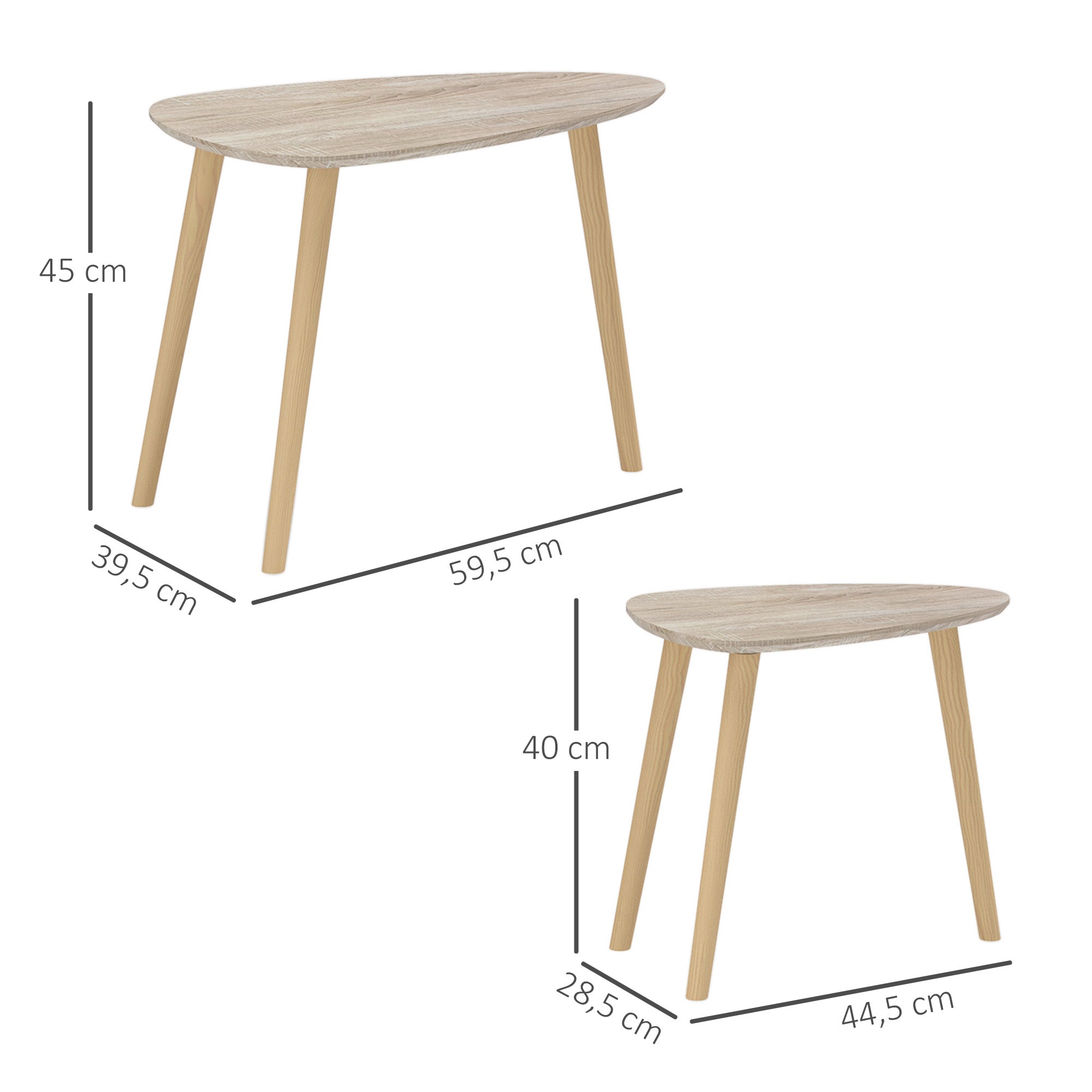 Set of 2 Scandinavian design nested coffee tables with wooden legs and wooden top, natural look