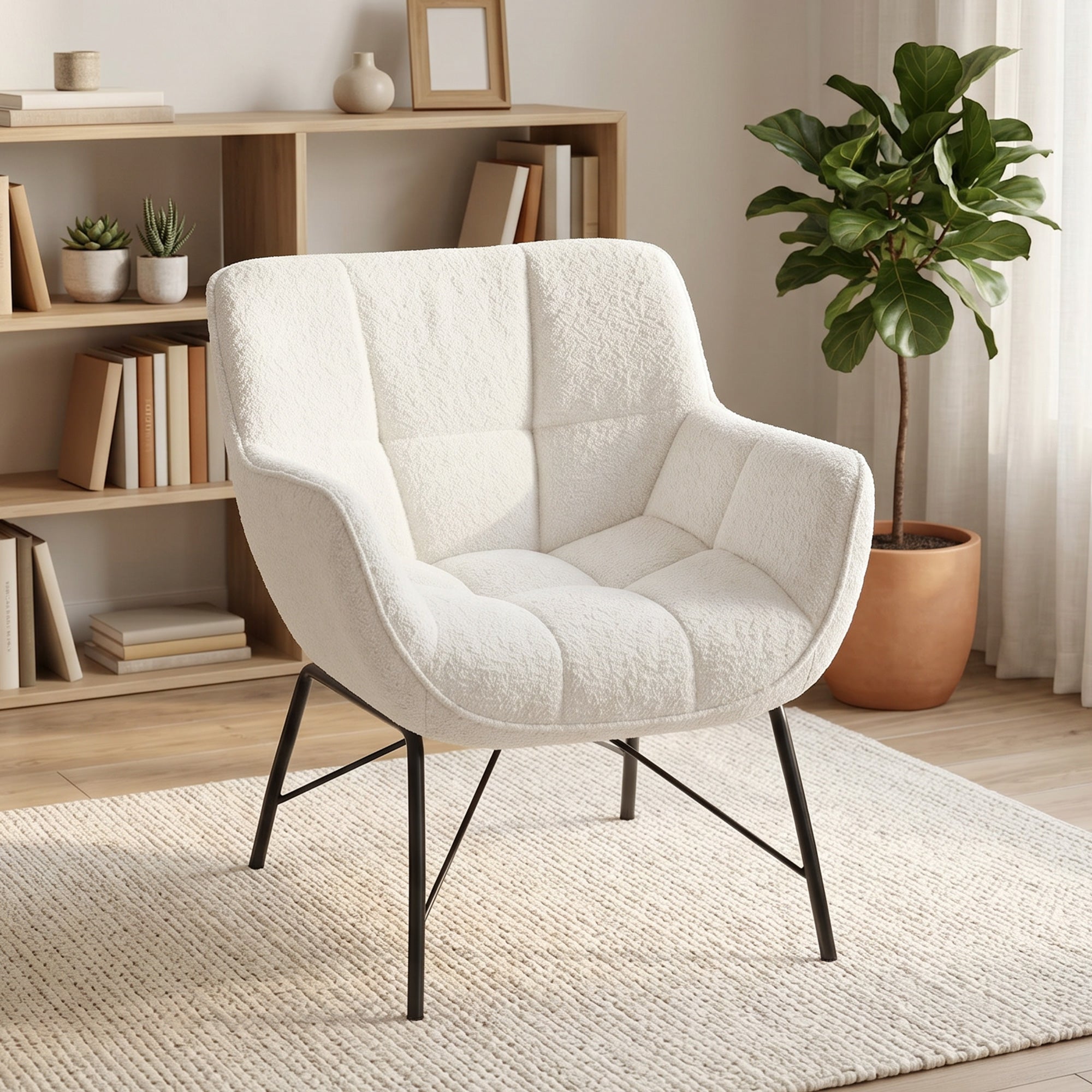 Sherpa Fleece Lounge Chair – Modern Upholstered Armchair with Curved Back, Armrests & Steel Legs, Cream White