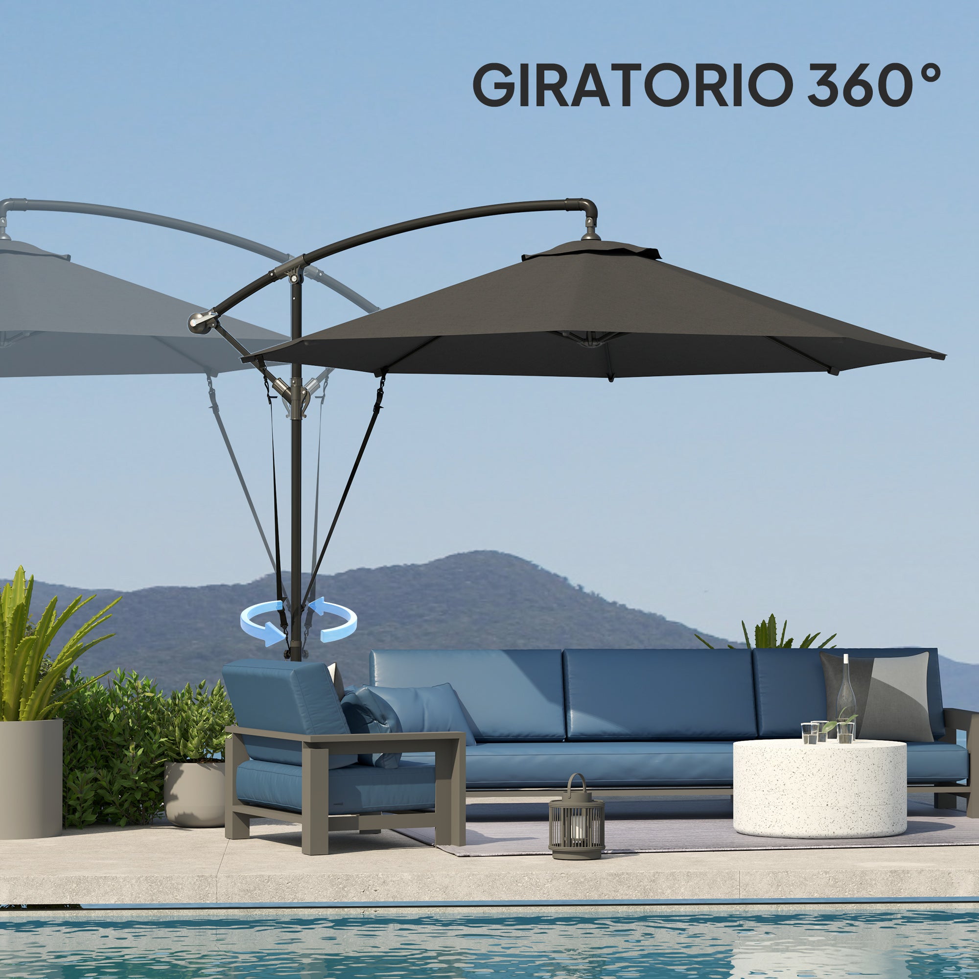 Offset Umbrella Ø 290 cm Garden Parasol with Cross Base Crank Umbrella Cover and Anti-UV 50+ Wind Rope Umbrella for Terrace Patio Dark Gray