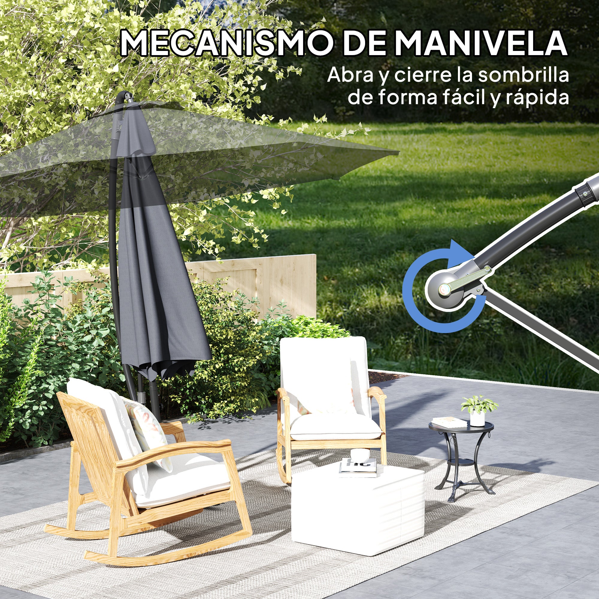 Offset Umbrella Ø 290 cm Garden Parasol with Cross Base Crank Umbrella Cover and Anti-UV 50+ Wind Rope Umbrella for Terrace Patio Dark Gray