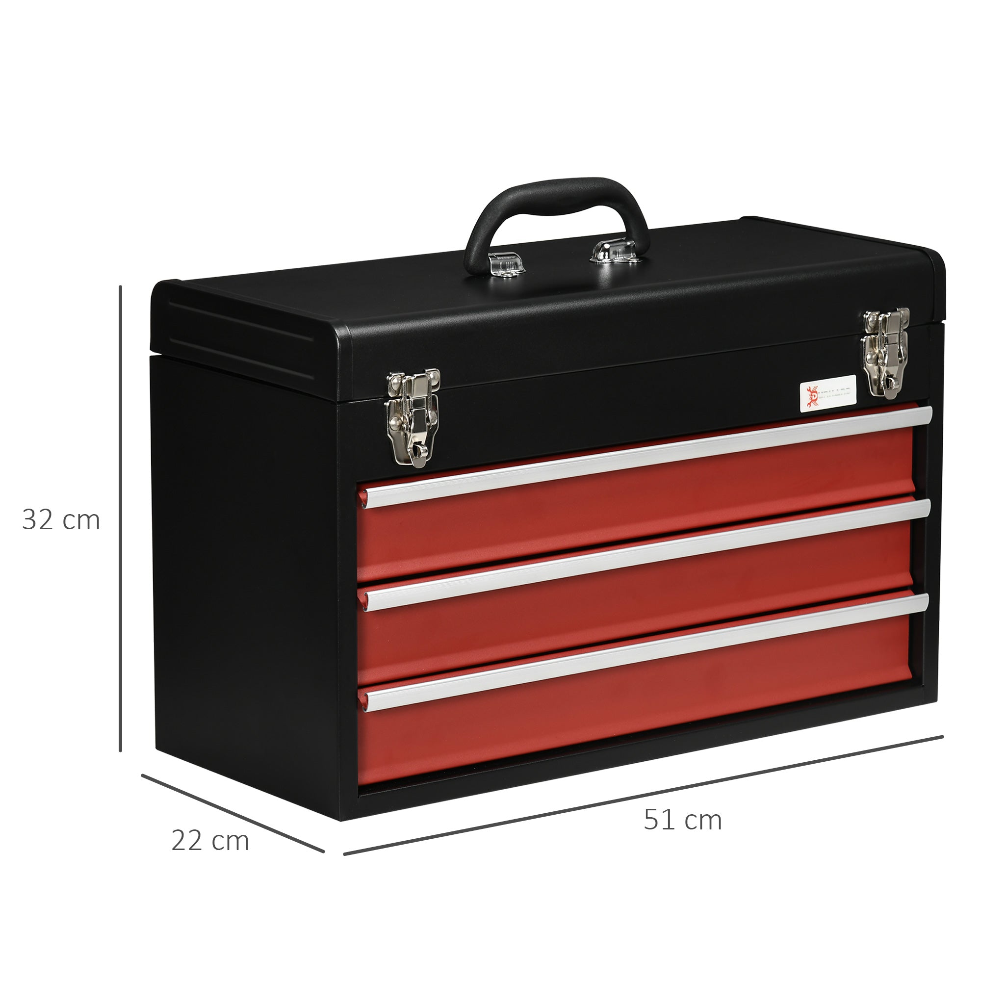 Empty Tool Case, 51 x 22 x 32 cm Tool Box with 3 Drawers, Top Storage Compartment, Handle, Tool Chest with 2 Locks, Made of Steel, Black+Red
