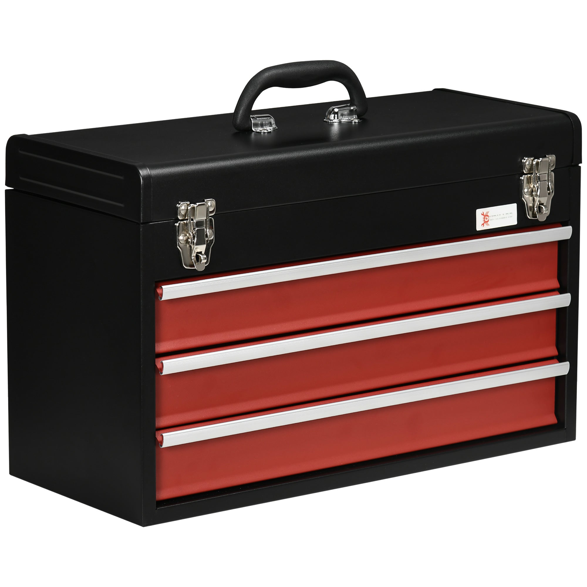 Empty Tool Case, 51 x 22 x 32 cm Tool Box with 3 Drawers, Top Storage Compartment, Handle, Tool Chest with 2 Locks, Made of Steel, Black+Red