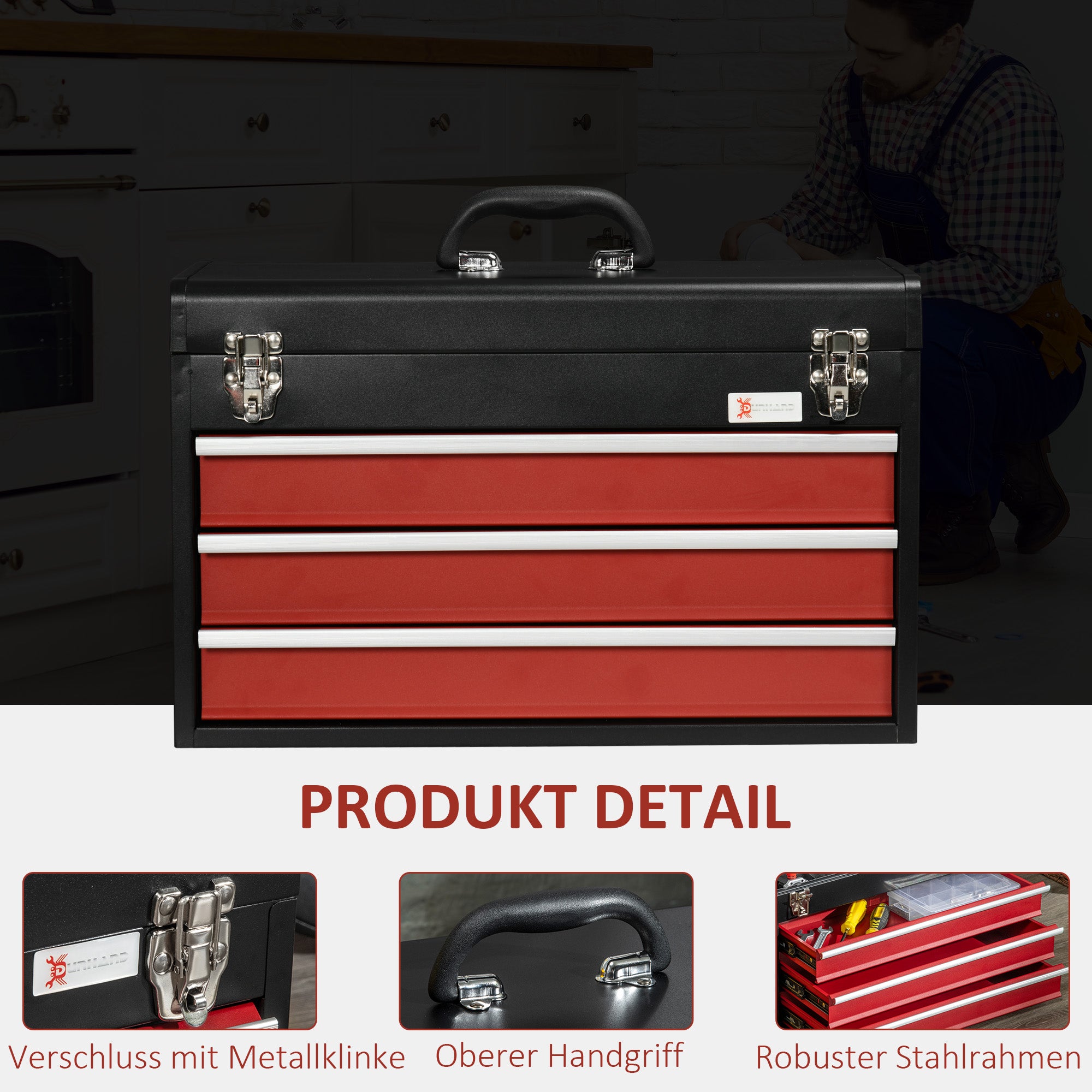 Empty Tool Case, 51 x 22 x 32 cm Tool Box with 3 Drawers, Top Storage Compartment, Handle, Tool Chest with 2 Locks, Made of Steel, Black+Red