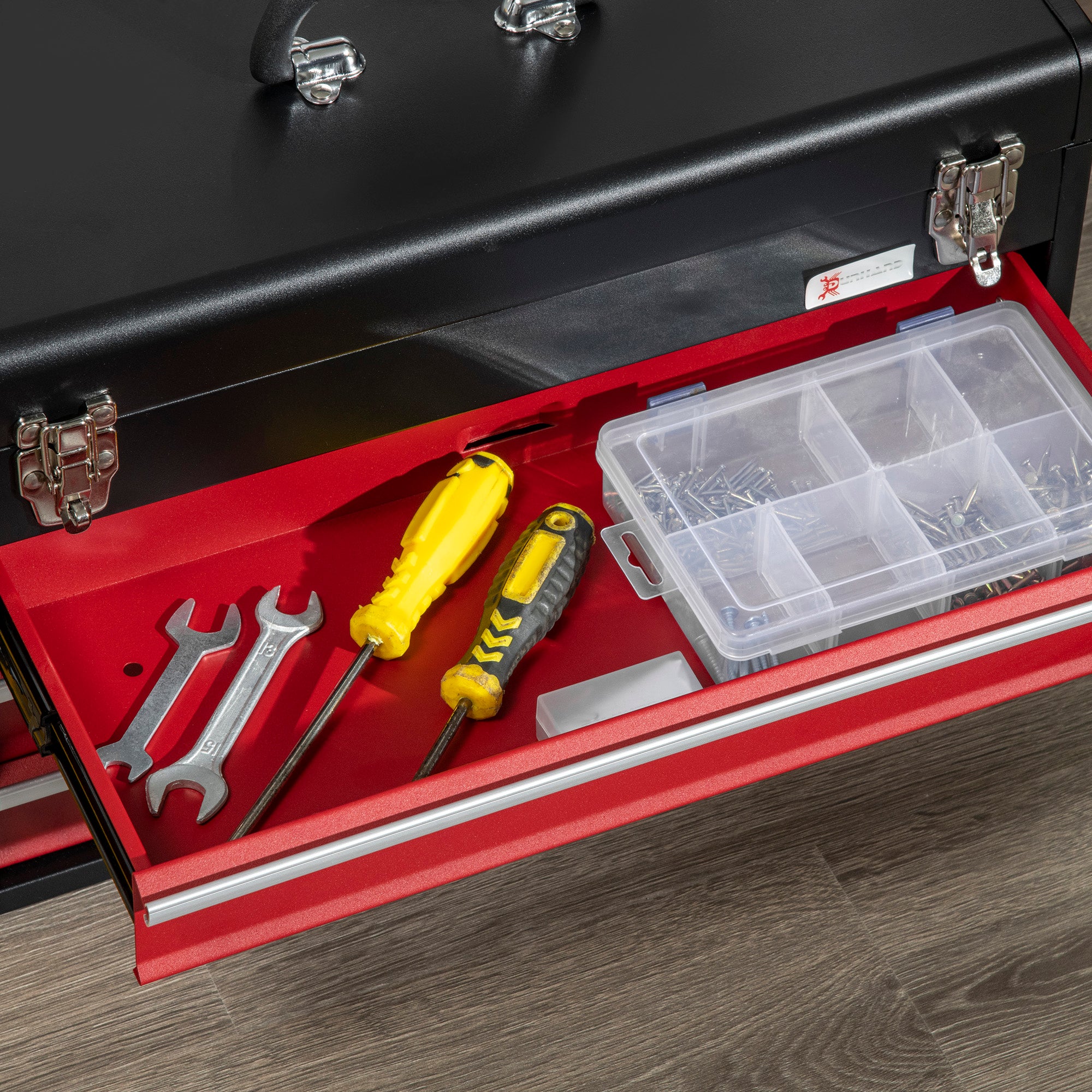Empty Tool Case, 51 x 22 x 32 cm Tool Box with 3 Drawers, Top Storage Compartment, Handle, Tool Chest with 2 Locks, Made of Steel, Black+Red