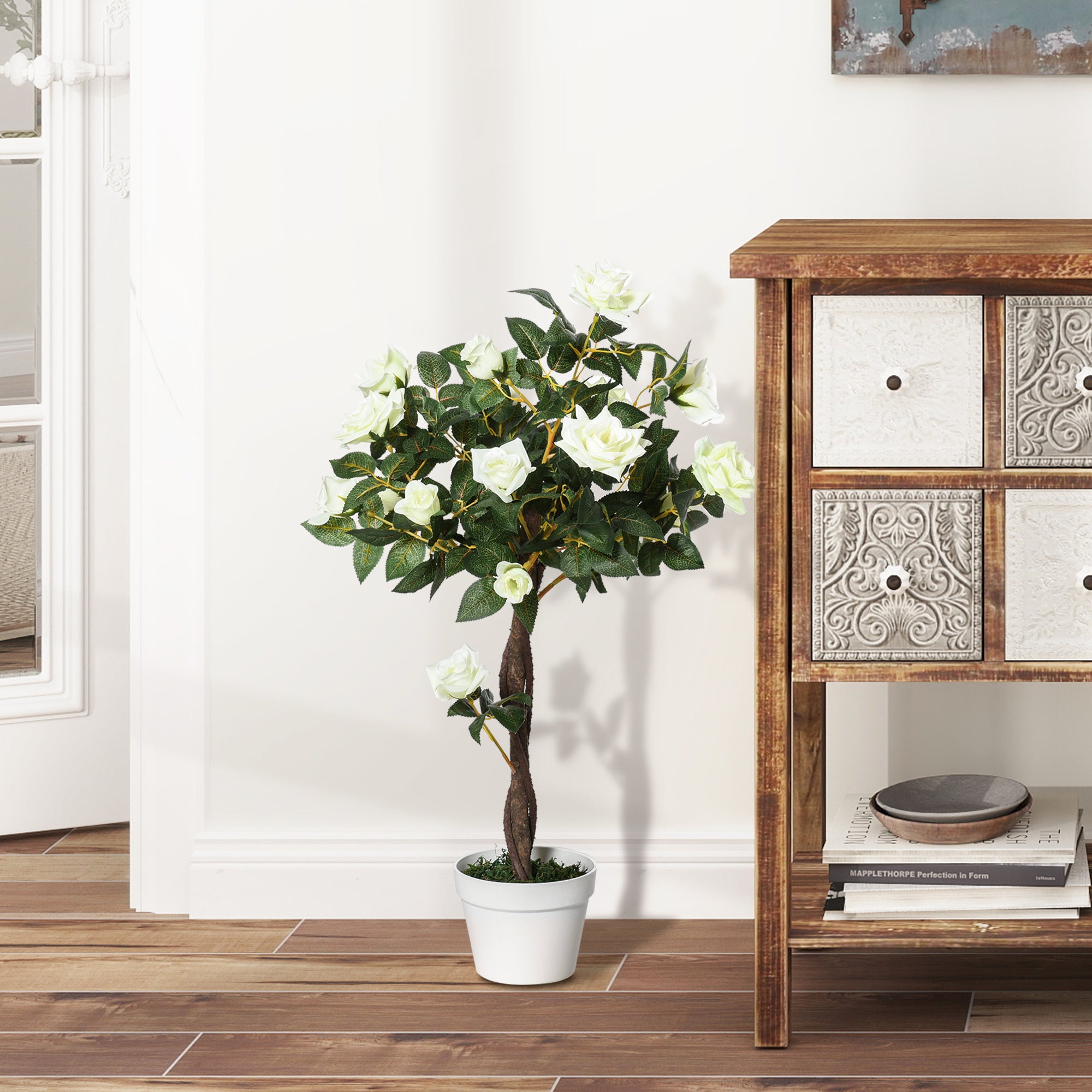 Large Artificial Rose Plant 90cm Artificial Plant, Plastic Artificial Rose Tree in Pot, Realistic Artificial Tree for Living Room Bedroom Office Modern Decoration Gift